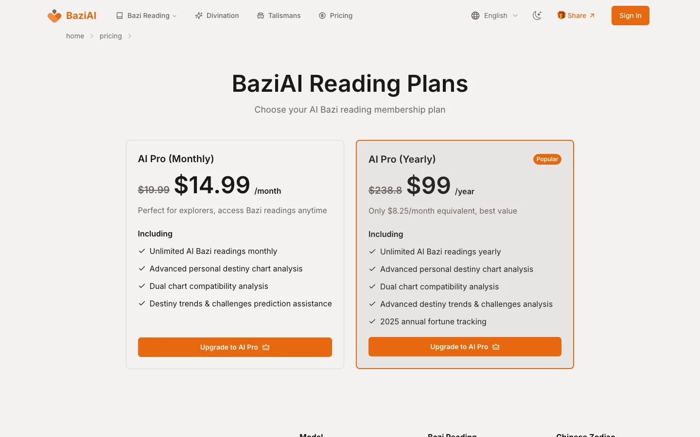 BaziAI 八字 AI 解讀工具,先看清免費額度與資料流向 3 BaziAI 定價頁官方截圖:AI Pro Monthly 月繳方案與 AI Pro Yearly 年繳方案兩張卡片,各列無限次解讀與進階分析等權益