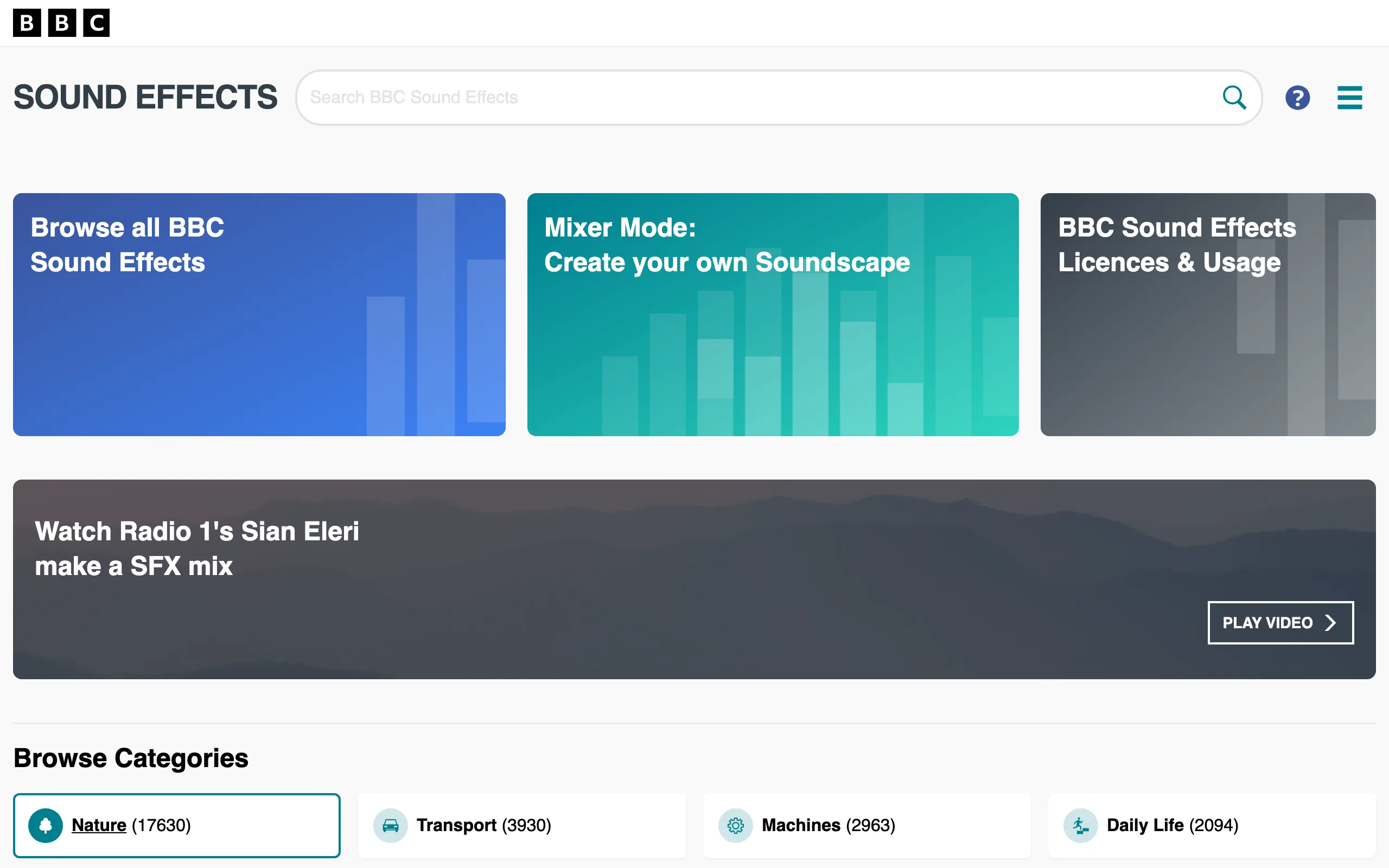 BBC Sound Effects 音效庫:33,000 筆百年錄音直接下載,非商用免費 2 BBC Sound Effects 首頁,搜尋框下方列出 Nature、Transport、Machines、Daily Life 等分類圖示與各分類筆數