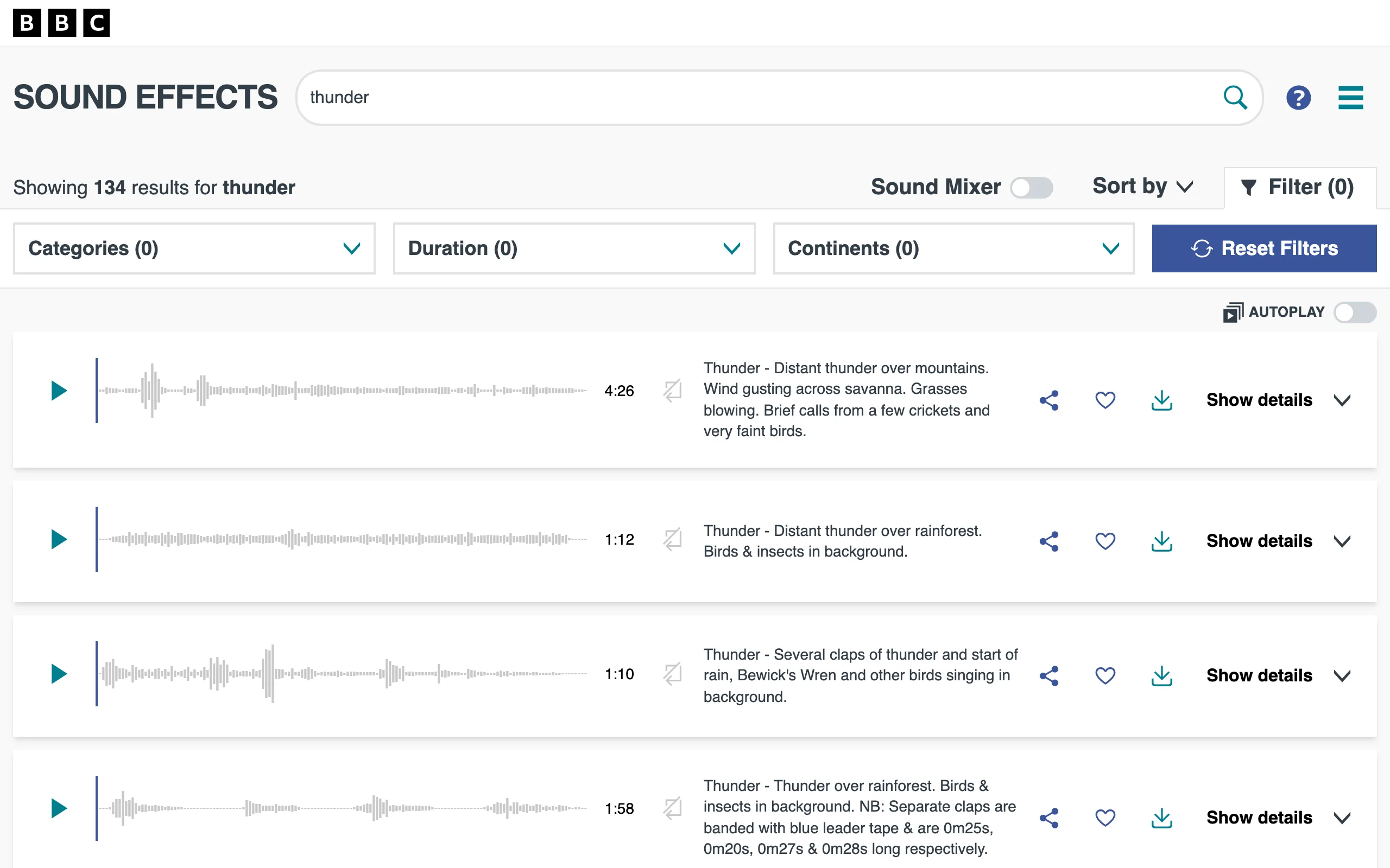 BBC Sound Effects 音效庫:33,000 筆百年錄音直接下載,非商用免費 3 BBC Sound Effects 搜尋 thunder 的結果頁,每張卡片列出音效描述、長度與分類標籤