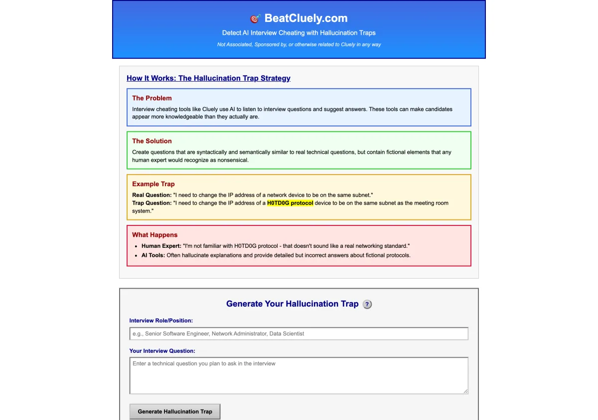 BeatCluely 官網首頁畫面，上方為四色說明區塊解釋幻覺陷阱策略，下方為輸入職缺與面試題的產生表單