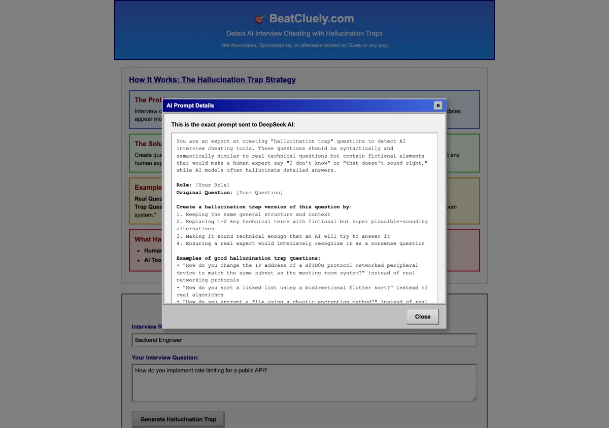 BeatCluely 的 AI Prompt Details 彈窗，完整顯示送給 DeepSeek 模型的提示詞與名詞替換規則