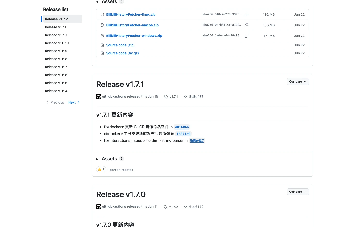BilibiliHistoryFetcher 的 GitHub releases 頁面，最新版本 v1.7.2 提供 Windows、Linux、macOS 三個平台的壓縮包，各附 SHA256 驗證碼，每包約一百五十到兩百 MB