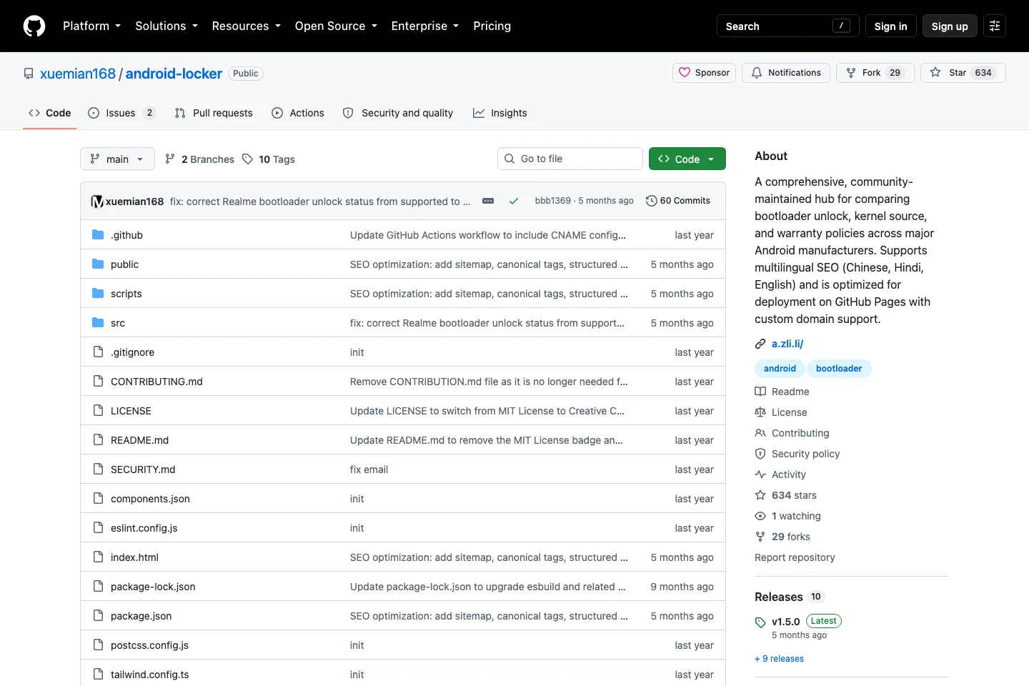 BL List 刷機對照表:18 個條目的解鎖與保固一次看清 4 BL List 的 GitHub 儲存庫頁面,顯示星星數與授權徽章切換的提交紀錄