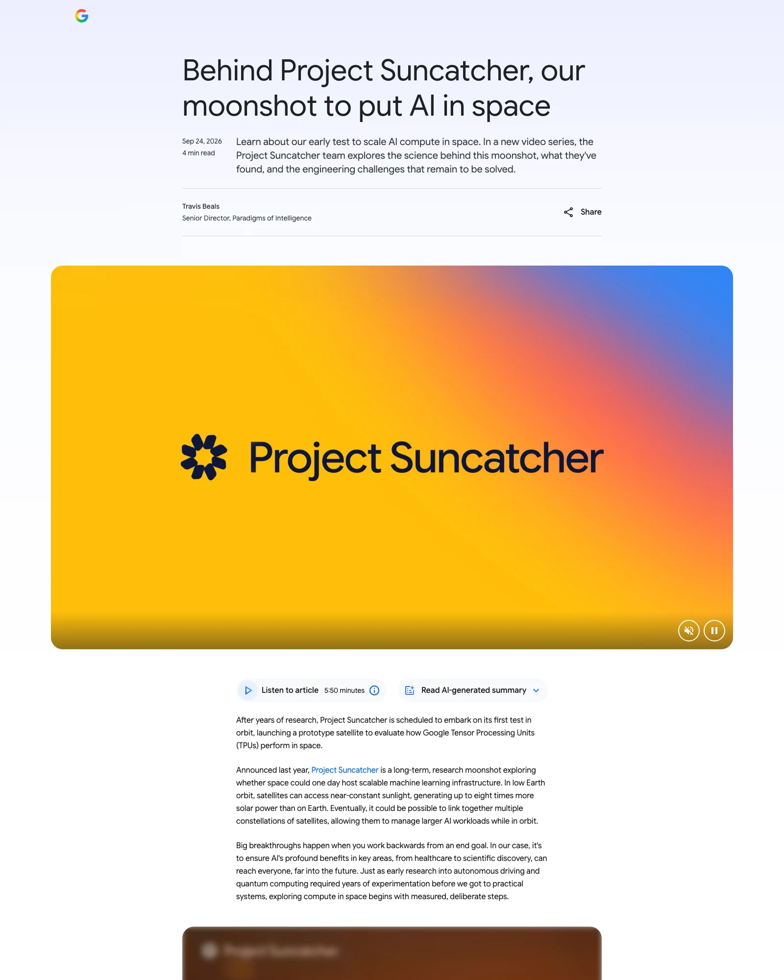 Google Research 官方公告頁截圖，標題為 Behind Project Suncatcher, our moonshot to put AI in space，刊出日期 2026 年 9 月 24 日，作者 Travis Beals