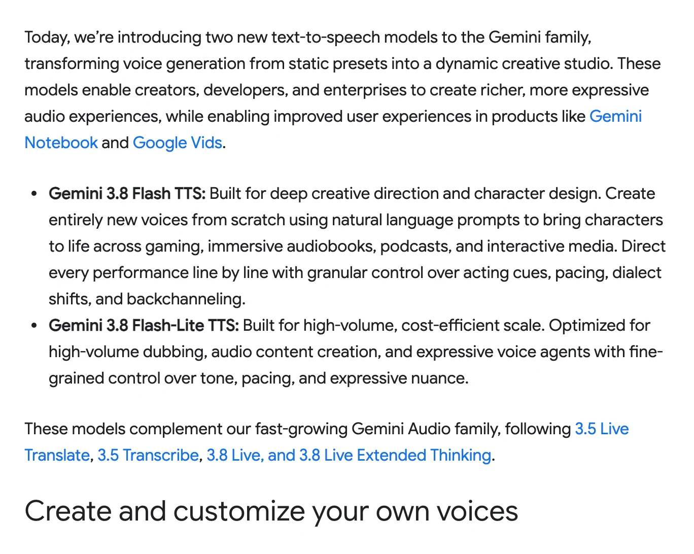 Gemini 3.8 Flash TTS 登場,AI 配音從選聲音變成逐句導戲 2 Google 官方公告內文截圖,說明推出兩款新的文字轉語音模型,將語音生成從靜態預設轉成動態創作工作室,並分別列出 Gemini 3.8 Flash TTS 與 Gemini 3.8 Flash-Lite TTS 的定位描述,結尾提及這兩款模型接在 3.5 Live Translate、3.5 Transcribe、3.8 Live 等模型之後