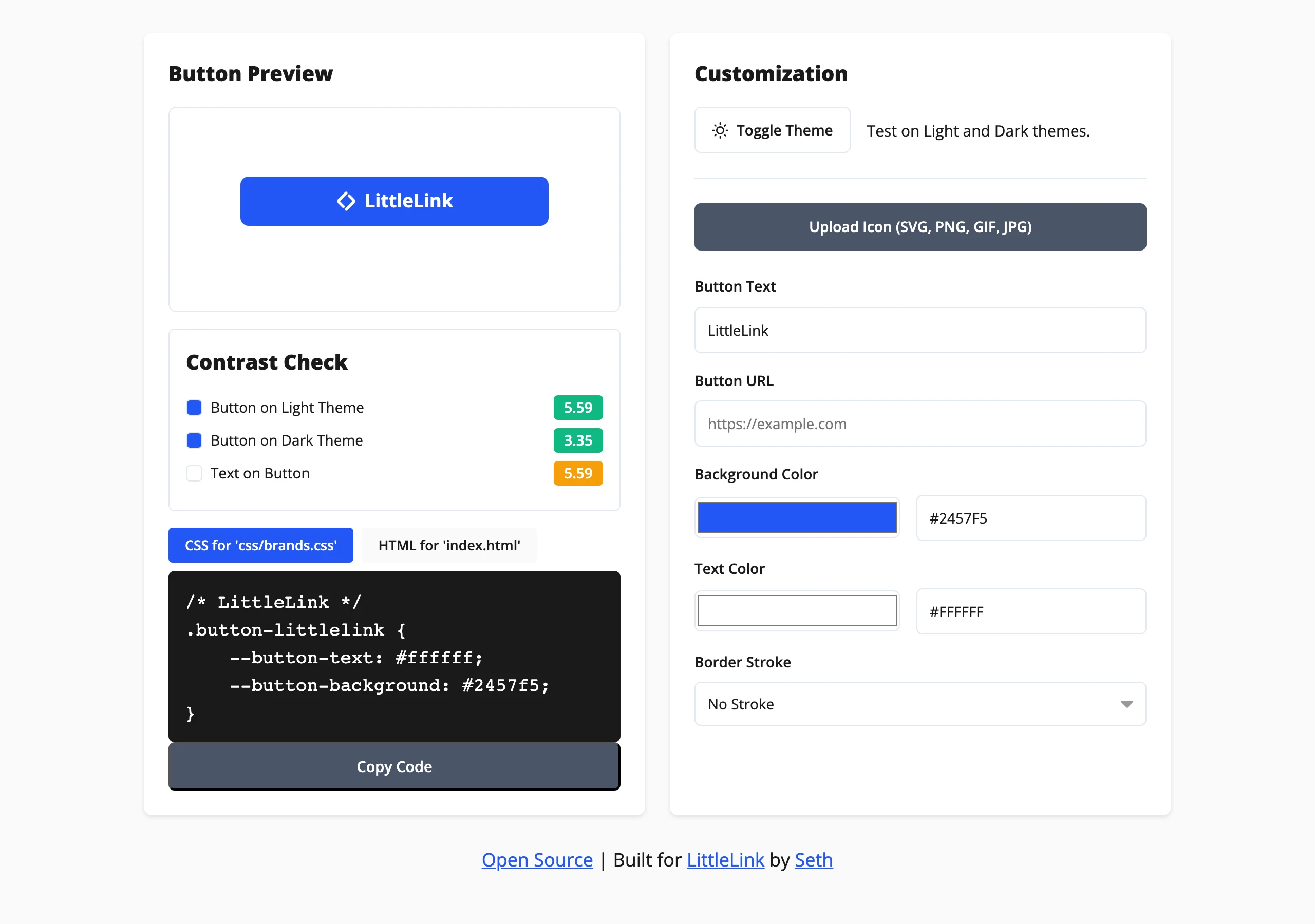 LittleLink 自架連結頁實測:把 Linktree 換成自己的檔案 3 LittleLink Button Builder 介面,顯示對比數值與描邊選項
