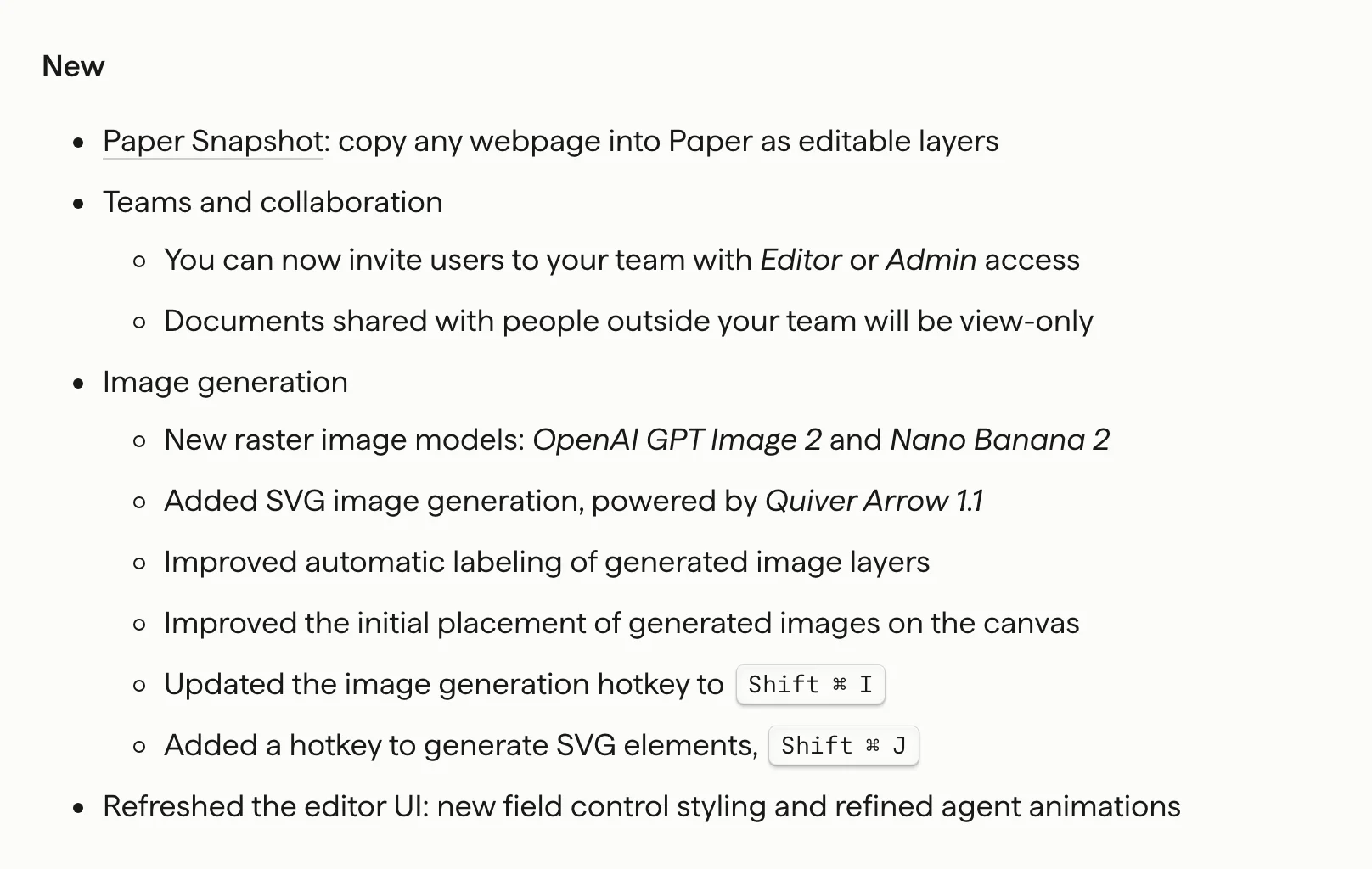 Paper.design 換 Quiver 2.0:一張參考圖重繪成可編輯的 SVG 2 Paper 官方 build log 的 2026 年 4 月條目截圖,Image generation 段落列出新點陣模型 OpenAI GPT Image 2 與 Nano Banana 2,以及 SVG image generation, powered by Quiver Arrow 1.1 條目和 Shift Cmd I、Shift Cmd J 兩個熱鍵更新