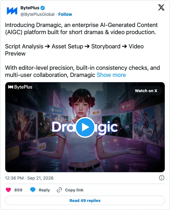 BytePlus 發表 Dramagic:從劇本到影片預覽的 AI 短劇流程 2 BytePlus 在 X 上的 Dramagic 官宣貼文截圖,全文介紹企業級 AIGC 短劇平台與 Script Analysis、Asset Setup、Storyboard、Video Preview 四階段流程,附 4K 宣傳影片縮圖