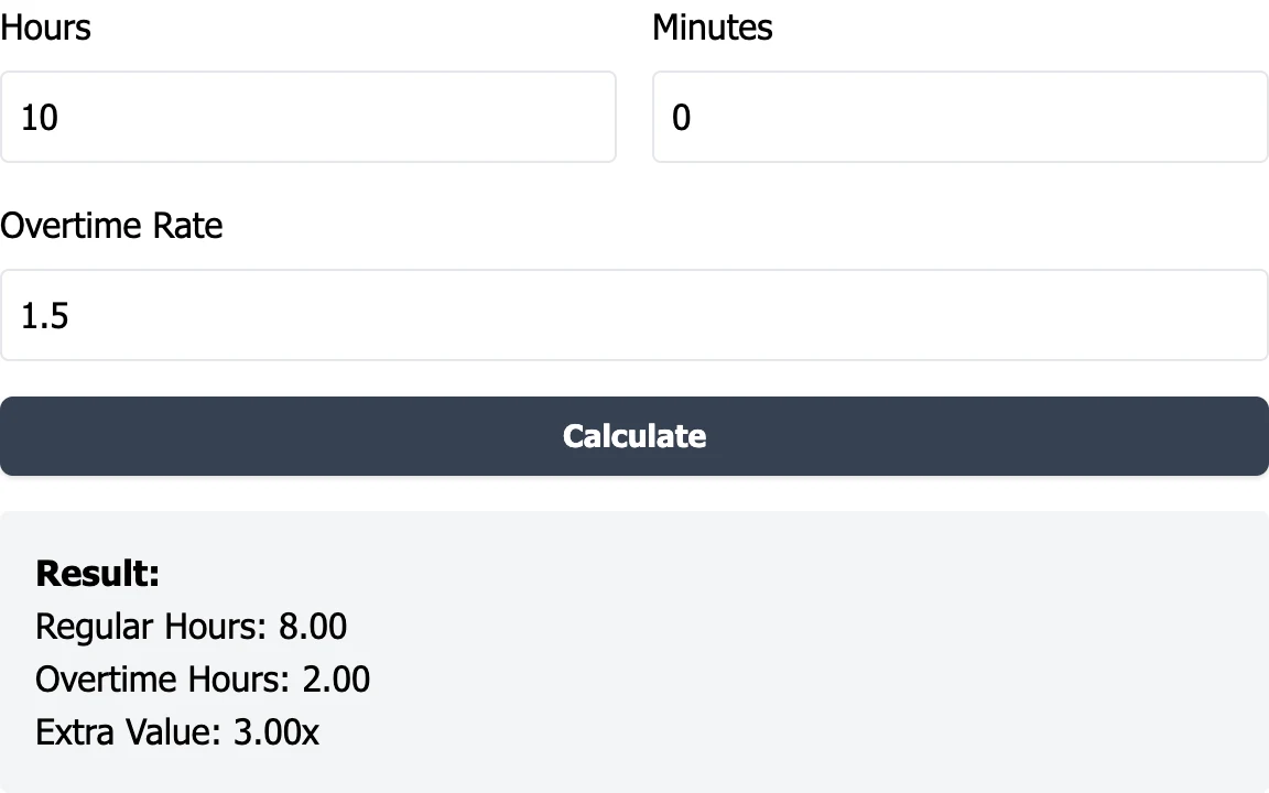 Calculadora de Horas 加班計算器畫面，輸入 10 小時與 1.5 倍率後顯示常規工時 8.00、加班 2.00 與加給 3.00x