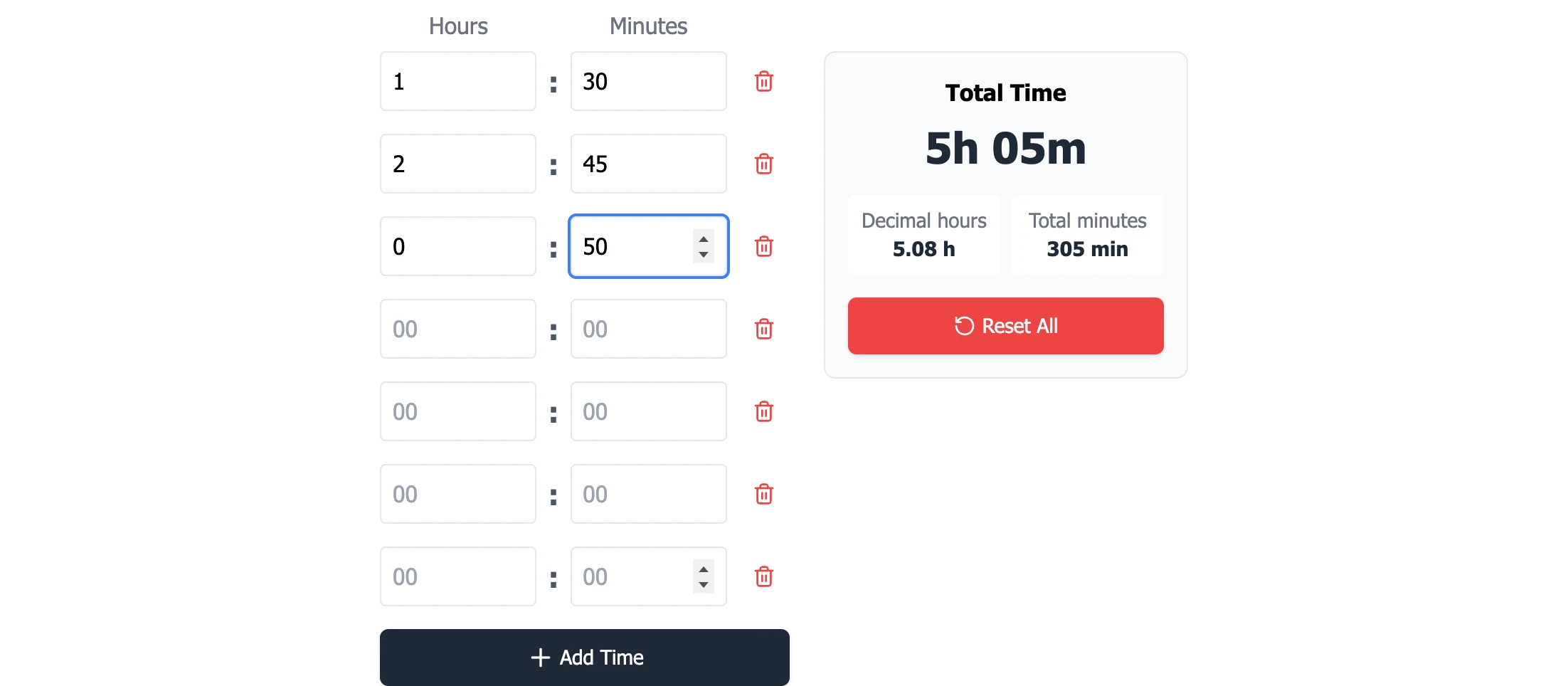 Calculadora de Horas 英文版工時加總實測畫面，輸入三段時數後顯示總時數 5h 05m、十進位 5.08 h 與總分鐘 305 min