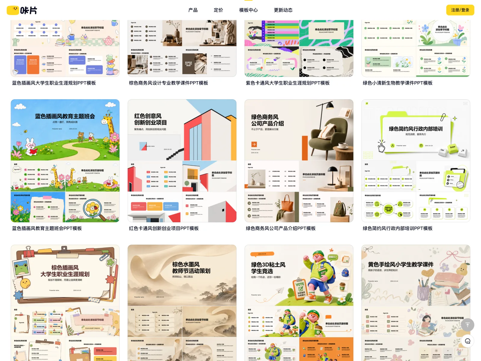 咔片PPT:免費版能生成 AI 簡報,可編輯檔下載鎖在專業版 3 咔片PPT 模板中心的模板縮圖與分類篩選介面