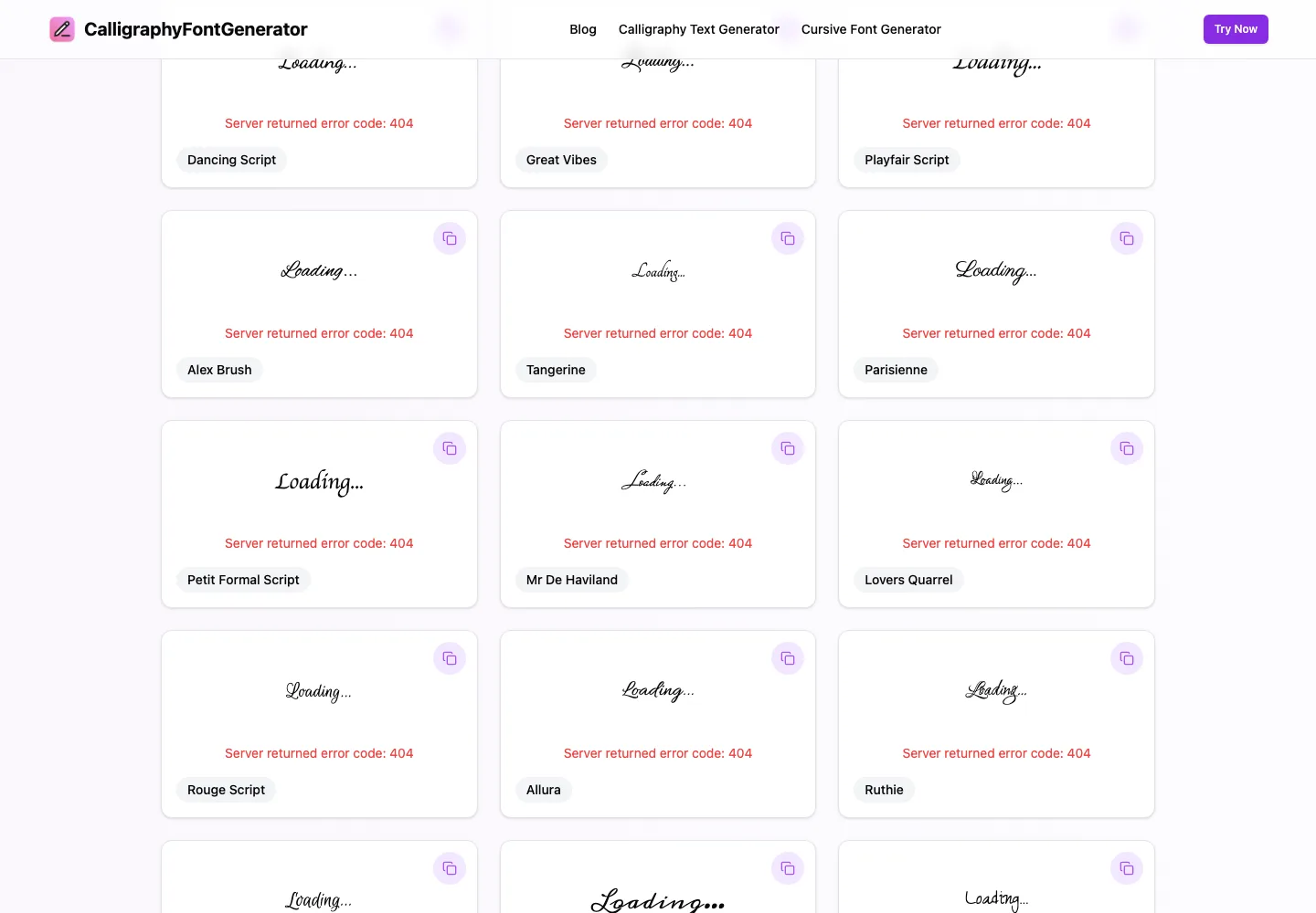 Calligraphy Font Generator 實測:字體全借自 Google Fonts 2 Calligraphy Font Generator 字體預覽卡截圖,每張卡顯示字體名稱與 Copy 按鈕,卡內出現紅色 Server returned error code 404 錯誤文字,預覽停留在 Loading 狀態
