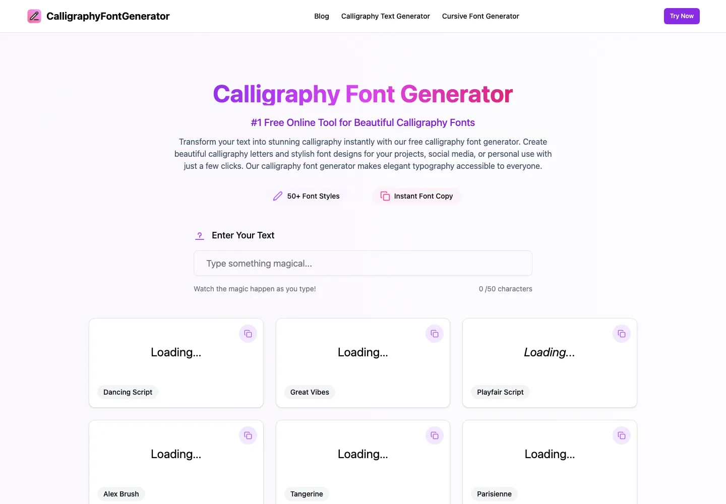 Calligraphy Font Generator 實測:字體全借自 Google Fonts 3 Calligraphy Font Generator 官網首頁截圖,標題寫著第一名的免費線上書法字體工具,宣稱 50 以上字體風格,下方為文字輸入框與字體預覽卡