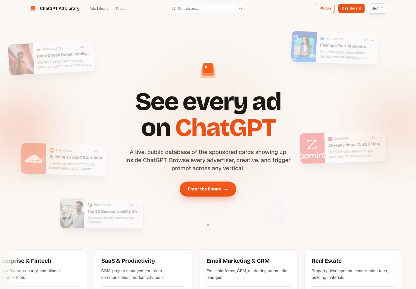 ChatGPT Ad Library 免費廣告資料庫,查競品素材與觸發提問 2 ChatGPT Ad Library 官網首頁,輪播展示 Mastercard、Salesforce、Cloudflare 等品牌在 ChatGPT 裡的贊助廣告卡