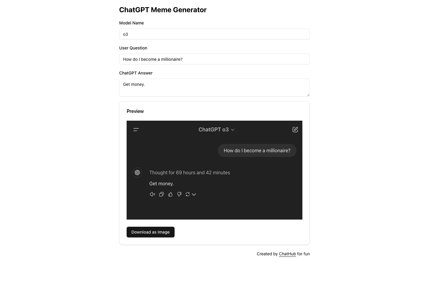 ChatGPT 梗圖產生器免費實測,30 秒做出幾可亂真的對話截圖 2 ChatGPT Meme Generator 工具頁面,左側三個輸入欄與右側深色對話預覽