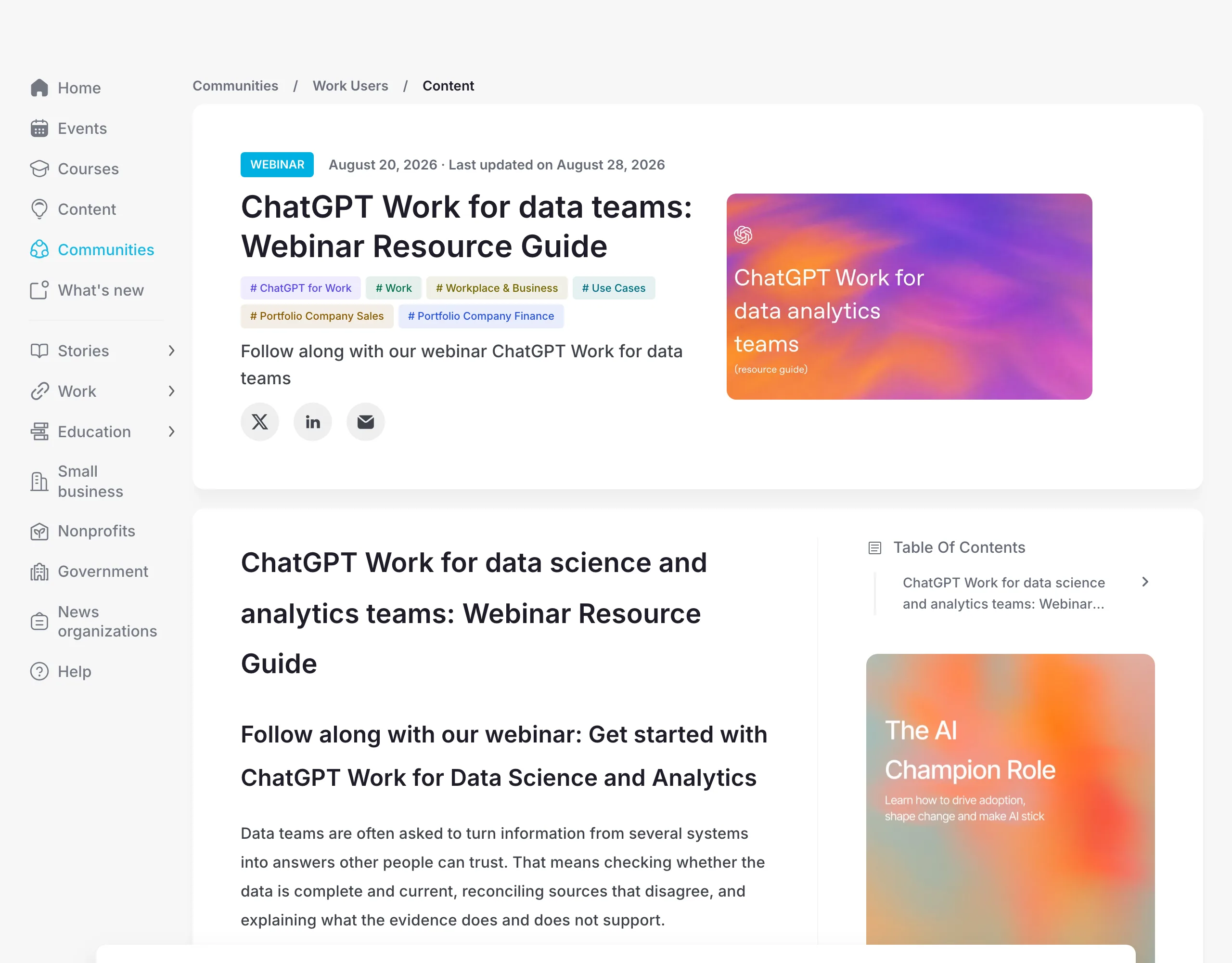 OpenAI Academy 研討會資源頁截圖，標題為 ChatGPT Work for data teams Webinar Resource Guide，頁面屬於 ChatGPT for Work 社群資源
