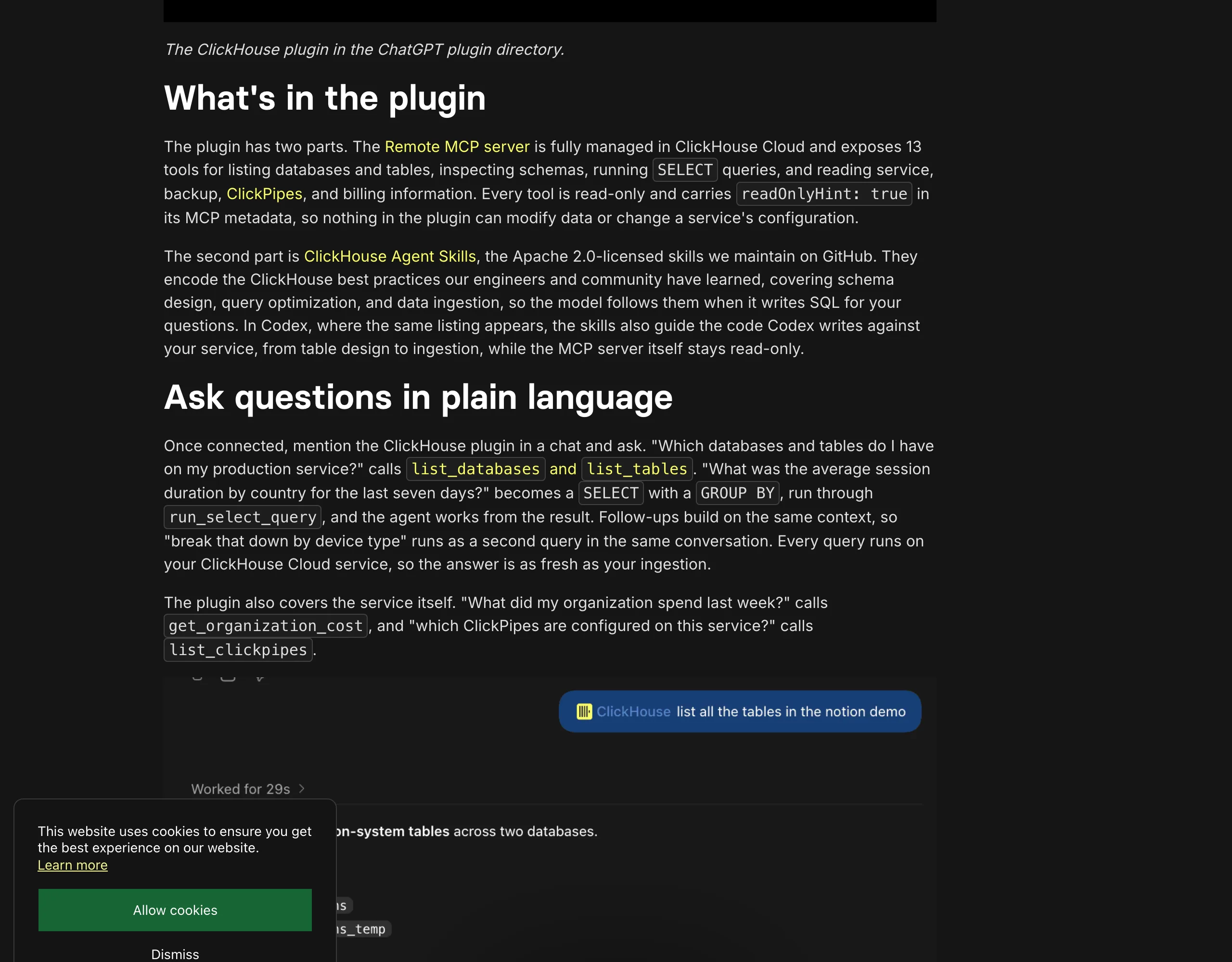 ClickHouse 官方部落格文章截圖，段落標題 What's in the plugin，內容說明遠端 MCP 伺服器提供 13 個工具，每個工具都是唯讀並帶 readOnlyHint true 標記