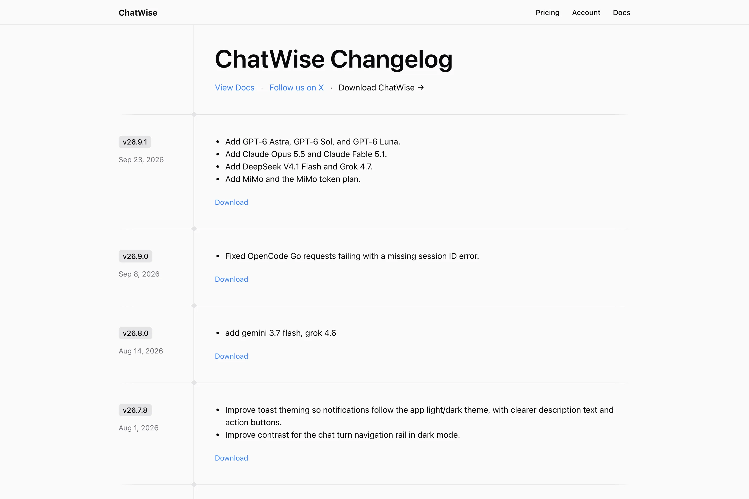 ChatWise 桌機 AI 聊天用戶端,自帶金鑰免訂閱聊遍各家模型 2 ChatWise 更新日誌頁,2026 年 9 月 26.9.1 版的更新項目列表