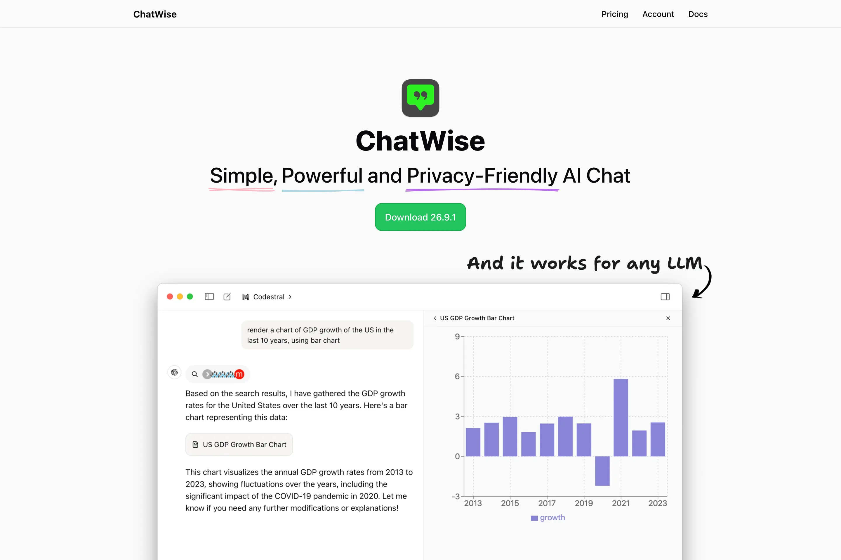 ChatWise 桌機 AI 聊天用戶端,自帶金鑰免訂閱聊遍各家模型 3 ChatWise 官方首頁,Download 按鈕顯示 26.9.1 版與核心功能列表