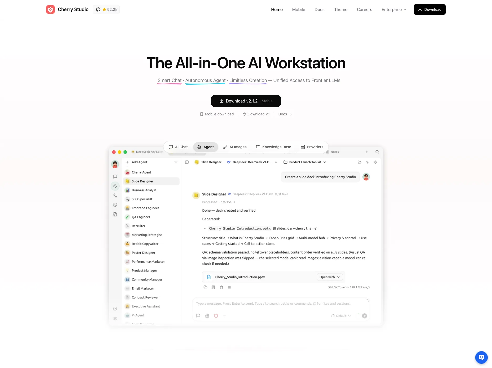 Cherry Studio 國際版官網首頁，主標題寫著 The All-in-One AI Workstation，下載按鈕標示 2.1.2 版