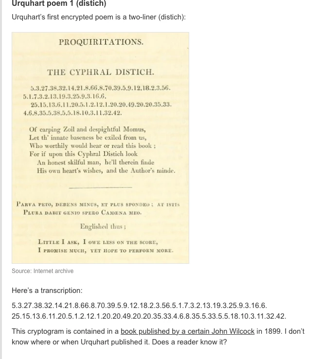Claude 破解 370 年無人能解的密碼,鑰匙就藏在書裡 2 烏克哈特 1653 年原著書頁掃描,標題為 PROQUIRITATIONS 與 THE CYPHRAL DISTICH,下方為兩行共 64 個數字的密文
