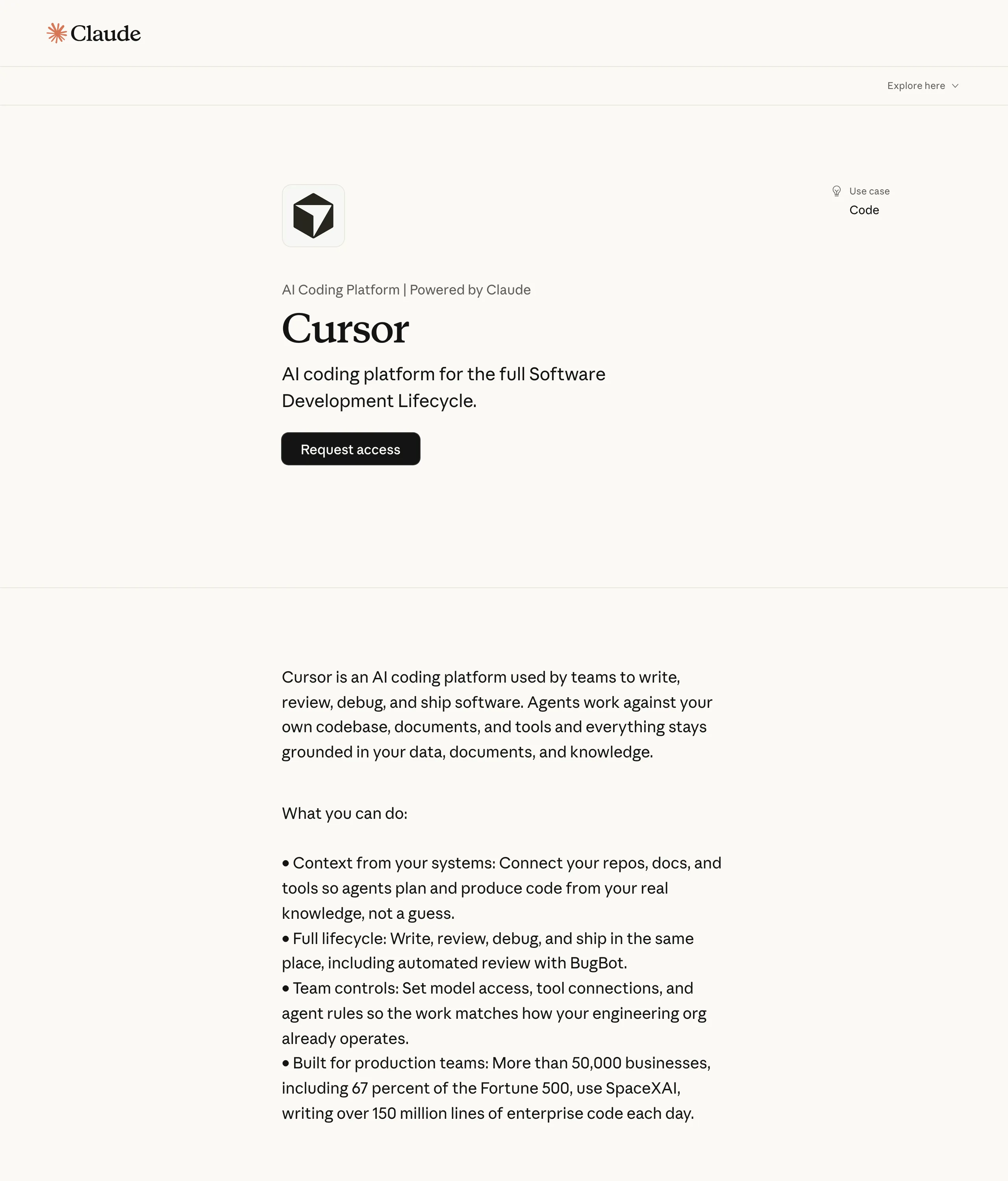 Claude Marketplace 新增五家,承諾額度可買 Cursor 等工具 3 Claude Marketplace 的 Cursor 夥伴頁面,標題為 AI Coding Platform powered by Claude,內容介紹 Cursor 的定位、企業數字與 Request access 入口