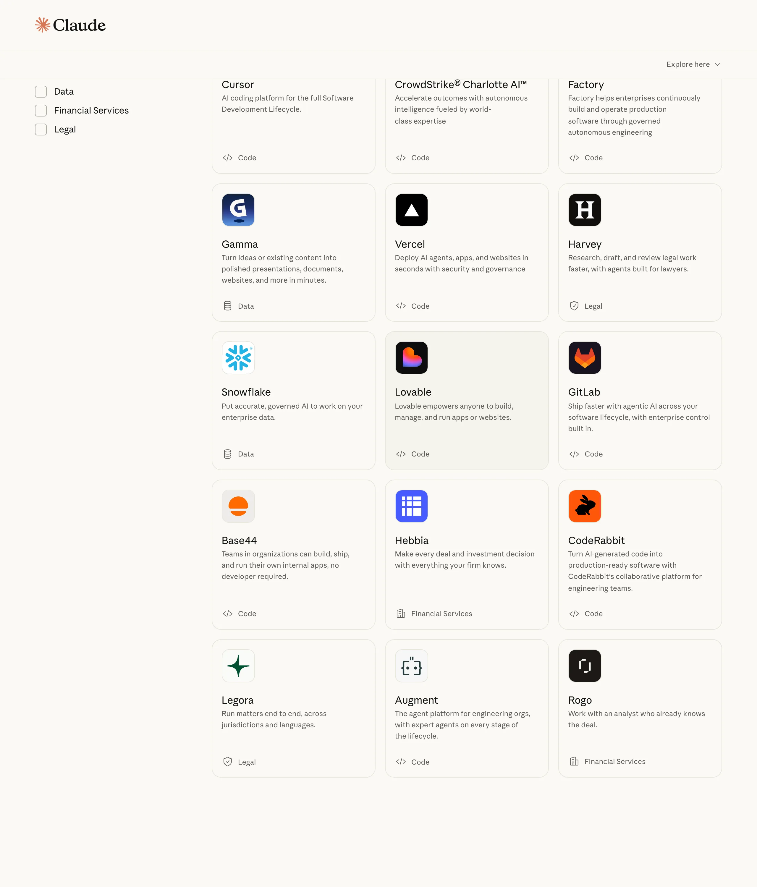 Claude Marketplace 新增五家,承諾額度可買 Cursor 等工具 2 Claude Marketplace 官方頁面的夥伴清單,畫面顯示 Cursor、CrowdStrike Charlotte AI、Factory 等夥伴卡片與左側的用途篩選器
