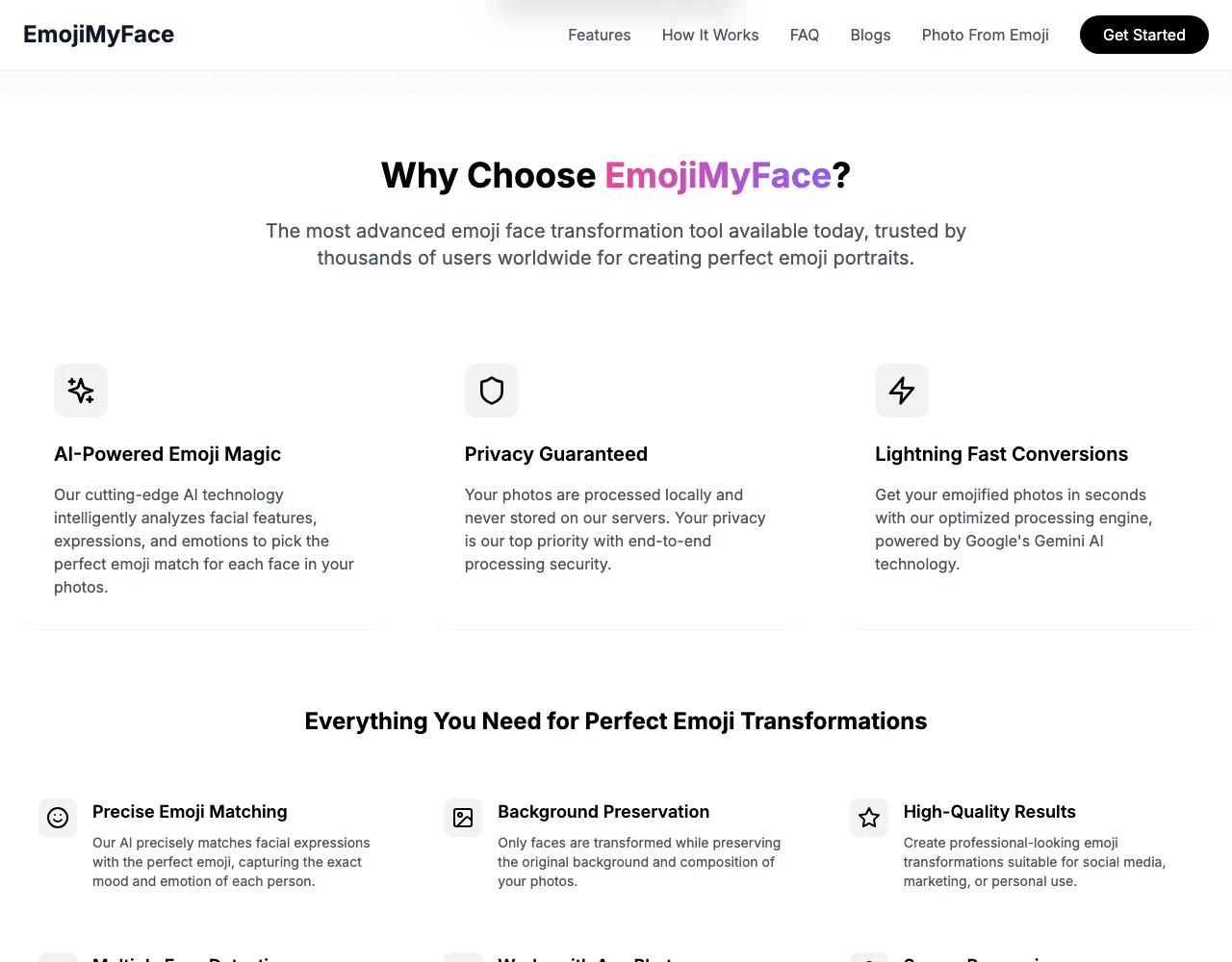 EmojiMyFace 首頁特徵卡宣稱照片在瀏覽器本機處理且永不儲存到伺服器