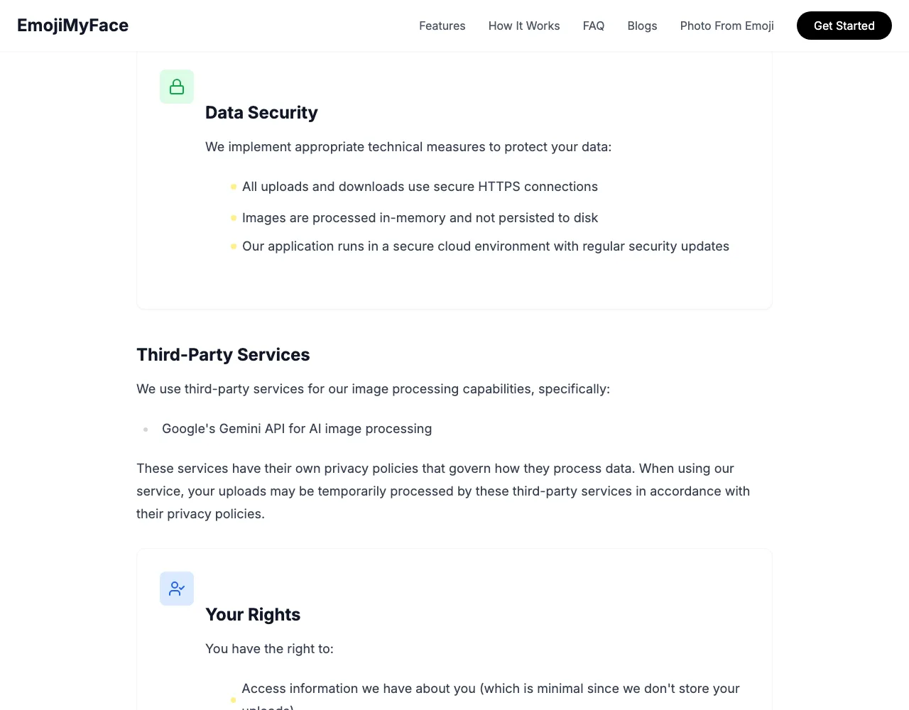 EmojiMyFace 隱私政策第三方服務段落列明使用 Google 的 Gemini API 處理圖片