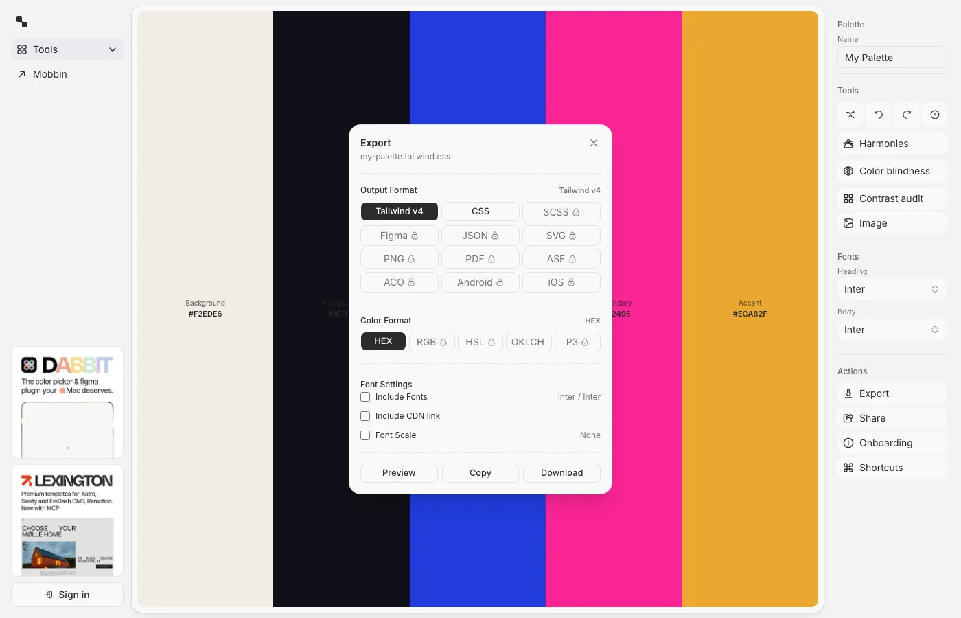免費配色工具 Colors & Fonts:在編輯器裡生成 Tailwind 色階 3 Color Palette Builder 的匯出對話框,顯示 Tailwind v4 等 12 種輸出格式與 Copy、Download 按鈕