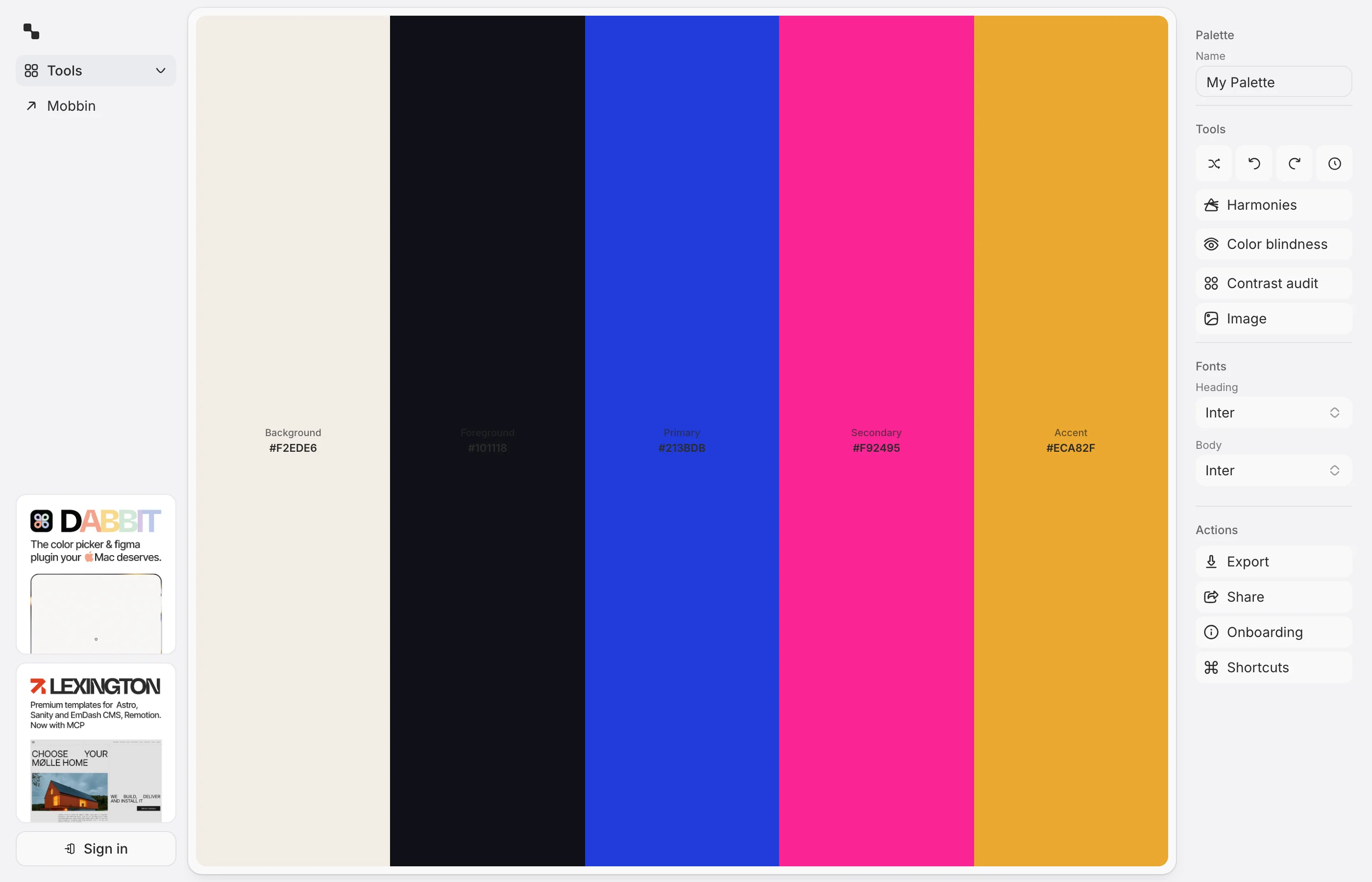 免費配色工具 Colors & Fonts:在編輯器裡生成 Tailwind 色階 2 Colors & Fonts 的 Color Palette Builder 介面,五角色色盤與 Harmonies、色盲模擬、對比審計工具列