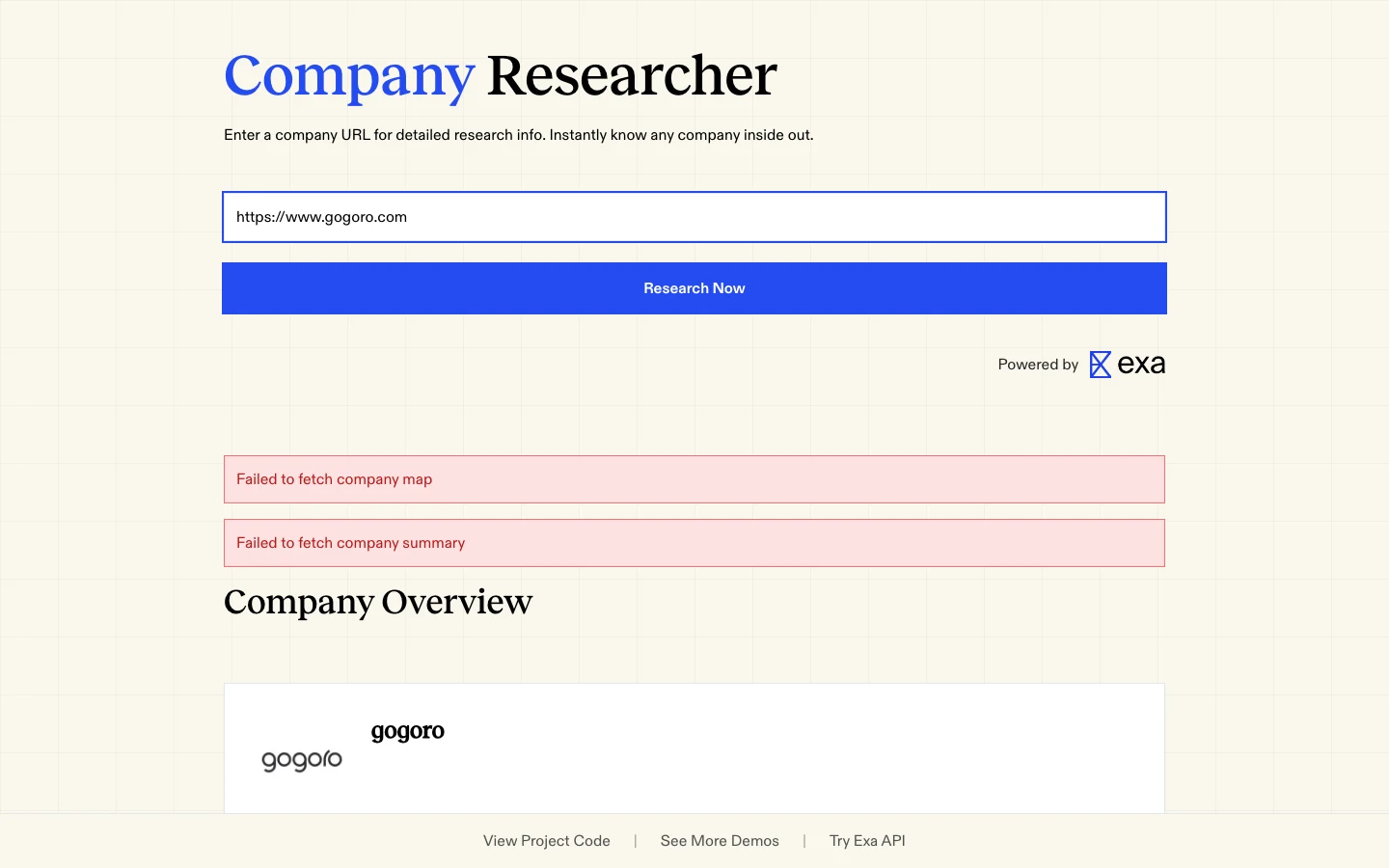 Company Researcher 公司調查工具,貼上網址就生出背景報告 3 Company Researcher 查詢 Gogoro 後的報告頁面截圖,輸入框下方出現兩個紅色錯誤框,寫著 Failed to fetch company map 與 Failed to fetch company summary