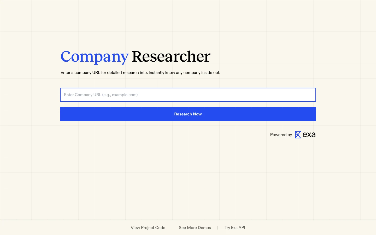 Company Researcher 公司調查工具,貼上網址就生出背景報告 2 Company Researcher 官方示範站首頁,中央為輸入公司網址的搜尋框與 Research Now 按鈕,頁面標示 Powered by exa