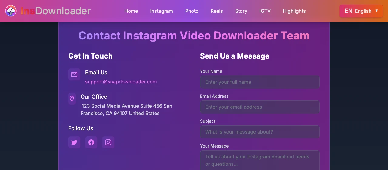 Instagram 下載器 InsDownloader 實測,先看清門面再貼連結 4 InsDownloader 聯絡頁的電子郵件與辦公室地址