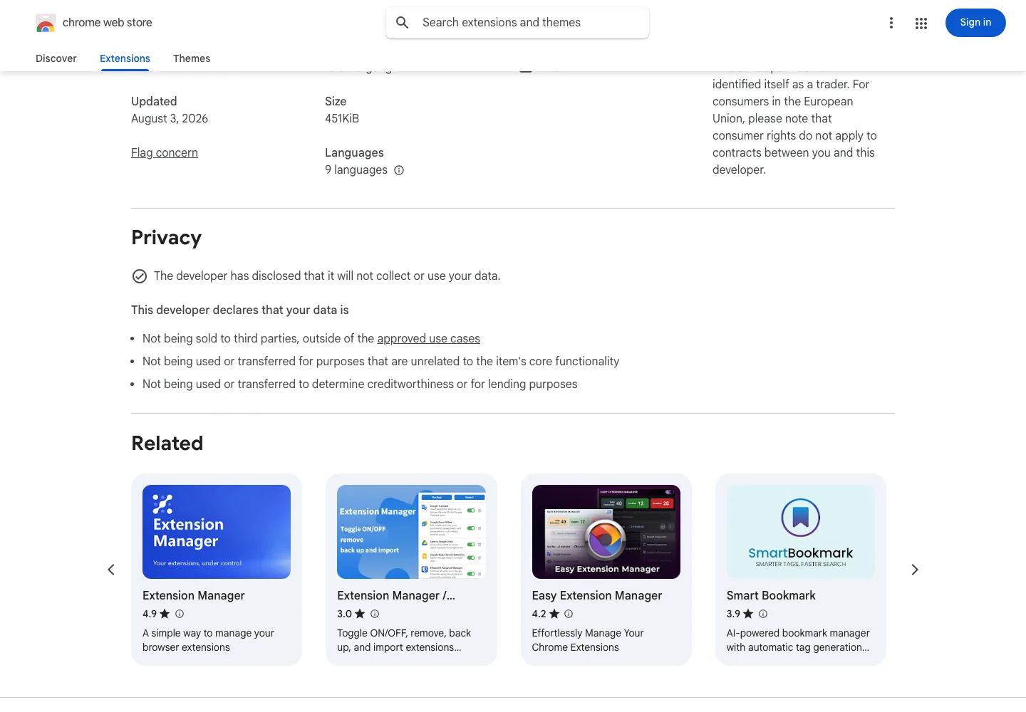 Extensions Syncer:Chrome 擴充搬家,一個 JSON 檔免重搜 3 Extensions Syncer 商店條目的詳細資訊區,顯示更新日期、大小、語言數與三項隱私宣告