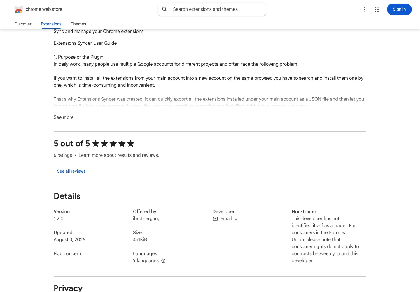 Extensions Syncer:Chrome 擴充搬家,一個 JSON 檔免重搜 2 Chrome 線上應用程式商店的 Extensions Syncer 條目頁,包含用途說明、5.0 評分與版本資訊