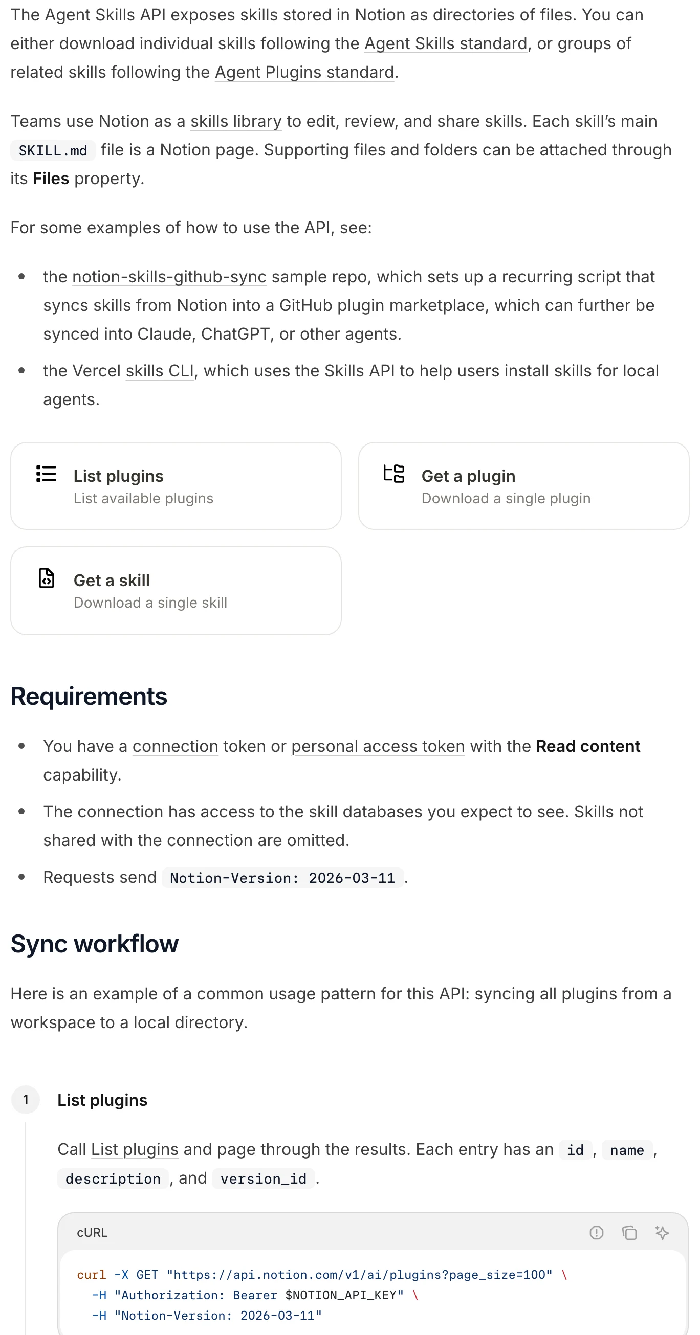 Notion 3.7 Agent Skills 把團隊提示詞變成跨工具技能 4 Notion 開發者文件 Agent Skills API 總覽頁截圖,說明這組 API 以檔案目錄形式輸出 Notion 內儲存的技能,個別技能遵循 Agent Skills 標準、成組技能遵循 Agent Plugins 標準,下方列出 List plugins、Get a plugin、Get a skill 端點與同步工作流的 curl 範例