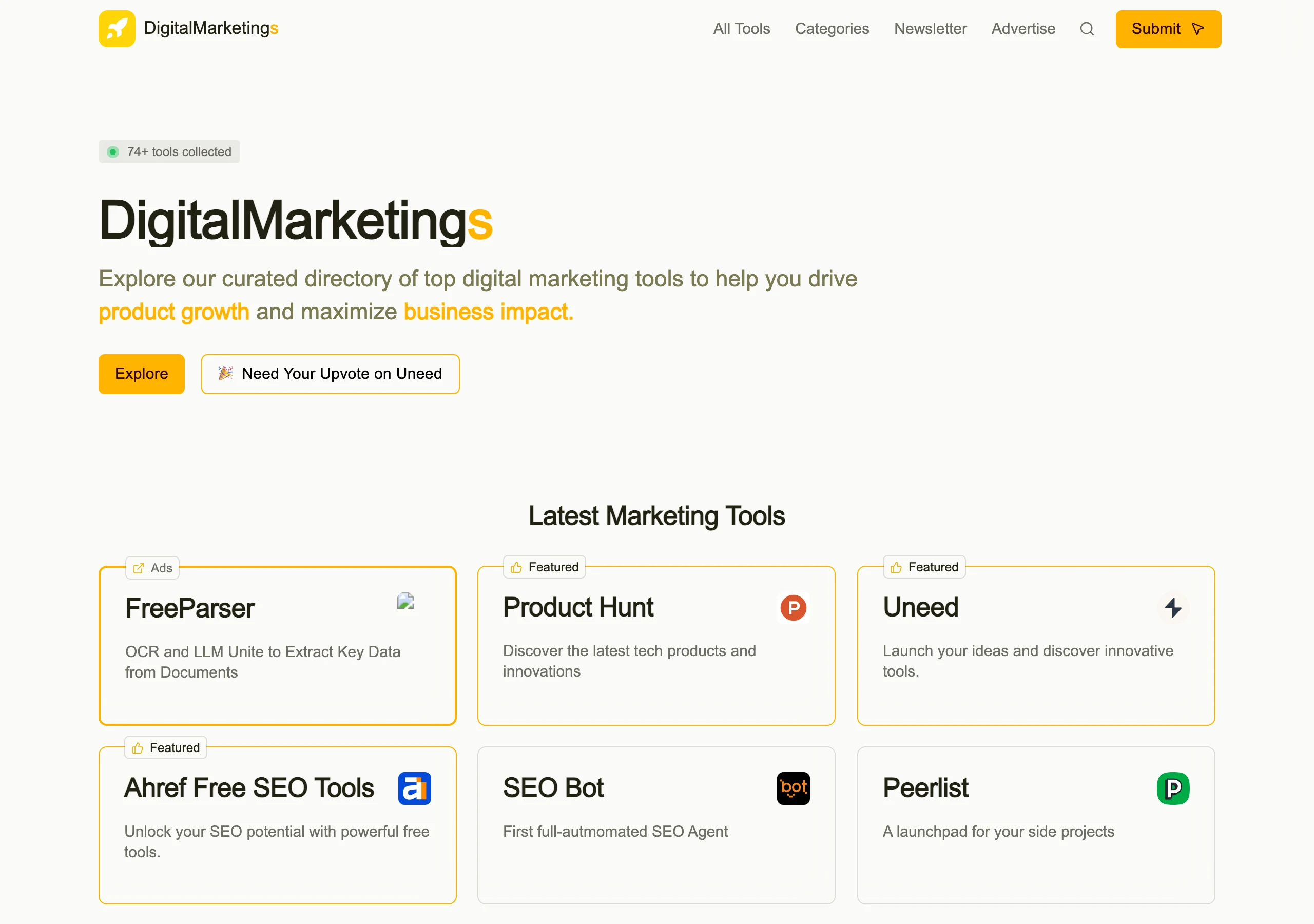 DigitalMarketings 行銷工具目錄站實測,74+ 只剩 4 頁能開 2 DigitalMarketings 首頁截圖,導覽列上方掛著 74+ tools collected 徽章,下方排列 FreeParser、Product Hunt、Uneed、Ahref Free SEO Tools 等工具卡片,其中 Product Hunt、Uneed 與 Ahref 卡片標示 Featured