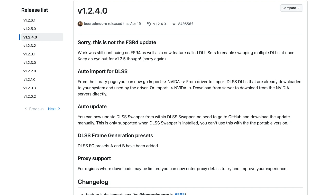 DLSS Swapper 開源工具,把遊戲的 DLSS、FSR、XeSS 換新或還原 3 DLSS Swapper 的 GitHub Releases 頁面,v1.2.4.0 版本區塊開頭寫著 Sorry, this is not the FSR4 update