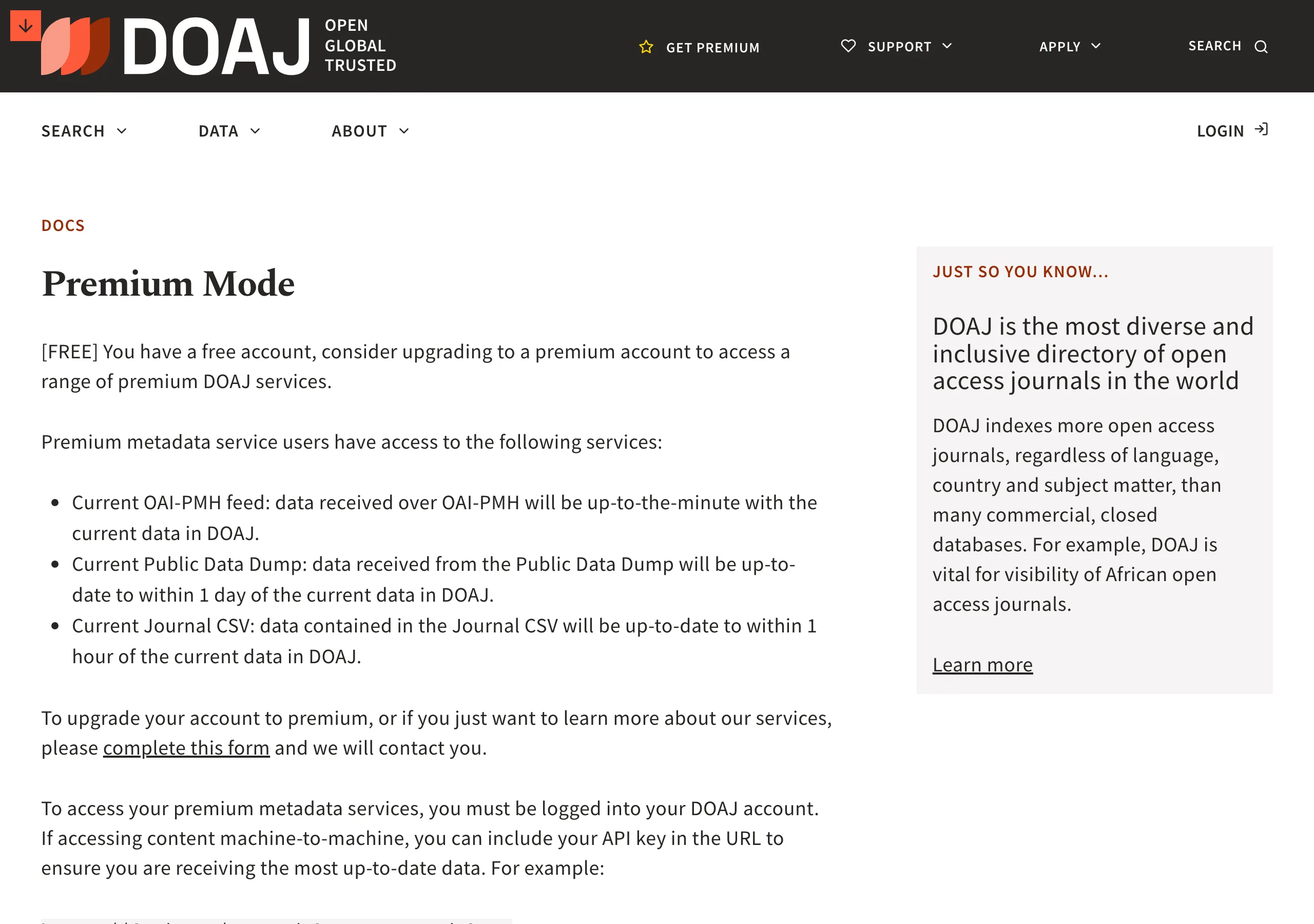 DOAJ Premium Mode 頁面，列出付費的三項即時詮釋資料服務，包含即時 OAI-PMH、一天內的資料 dump 與一小時內的期刊 CSV