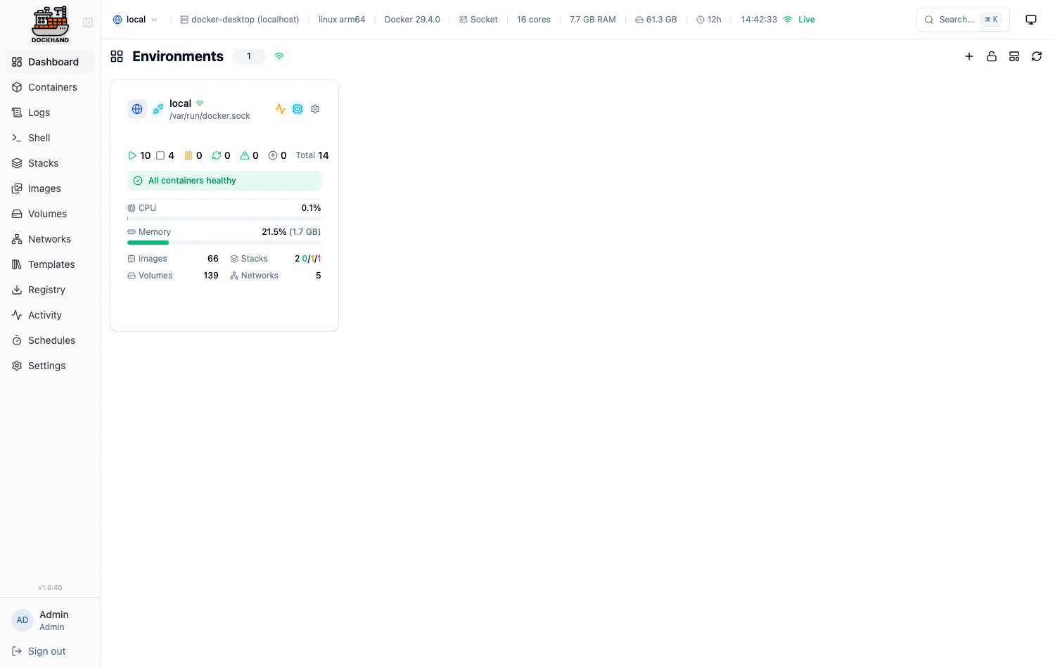 Dockhand Docker 管理面板實測,裝完先替它上鎖再開工 2 Dockhand 儀表板頁面,顯示環境概況、容器總數與健康狀態、CPU 與記憶體使用率、映像檔與網路數量等統計卡片