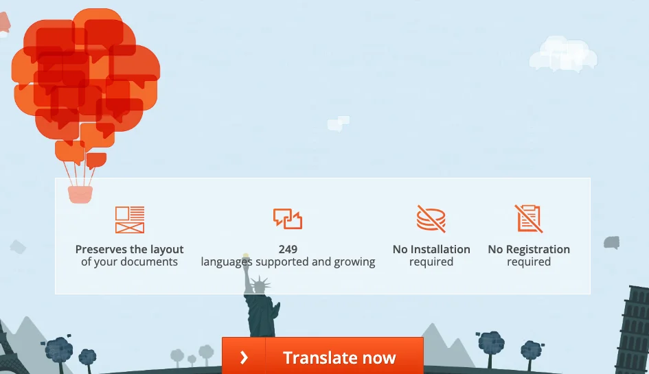 DocTranslator 實測:整份 PDF 免費翻成繁體中文的三個代價 2 DocTranslator 首頁功能卡:保留文件排版、249 種語言、免安裝、免註冊四項特點