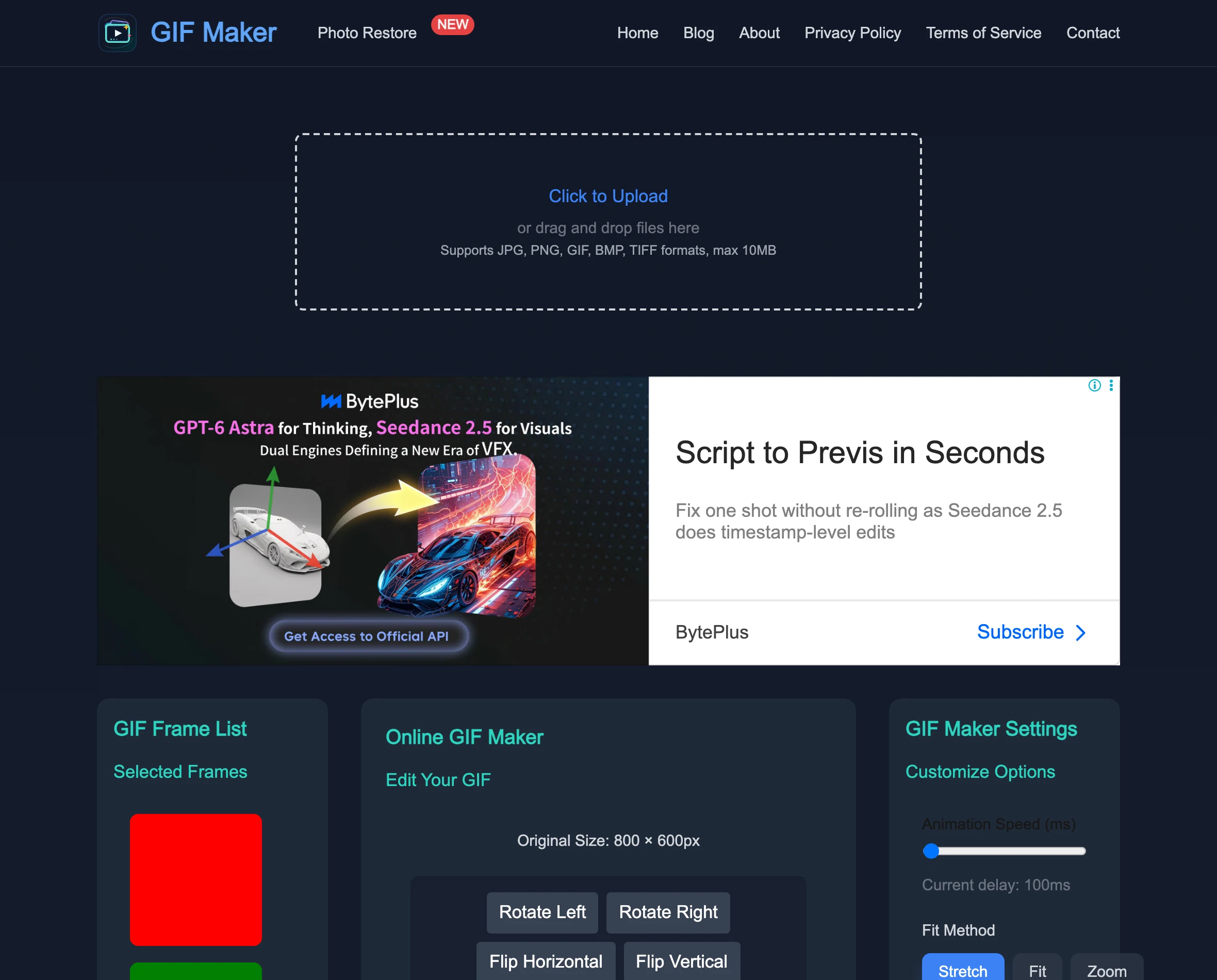 GIF Maker Free:多張圖免費接成 GIF,實測圖片不出瀏覽器 2 GIF Maker Free 編輯介面實測畫面,左側三張紅綠藍影格縮圖,中間預覽區顯示原始尺寸,右側有動畫速度滑桿與適配方式設定