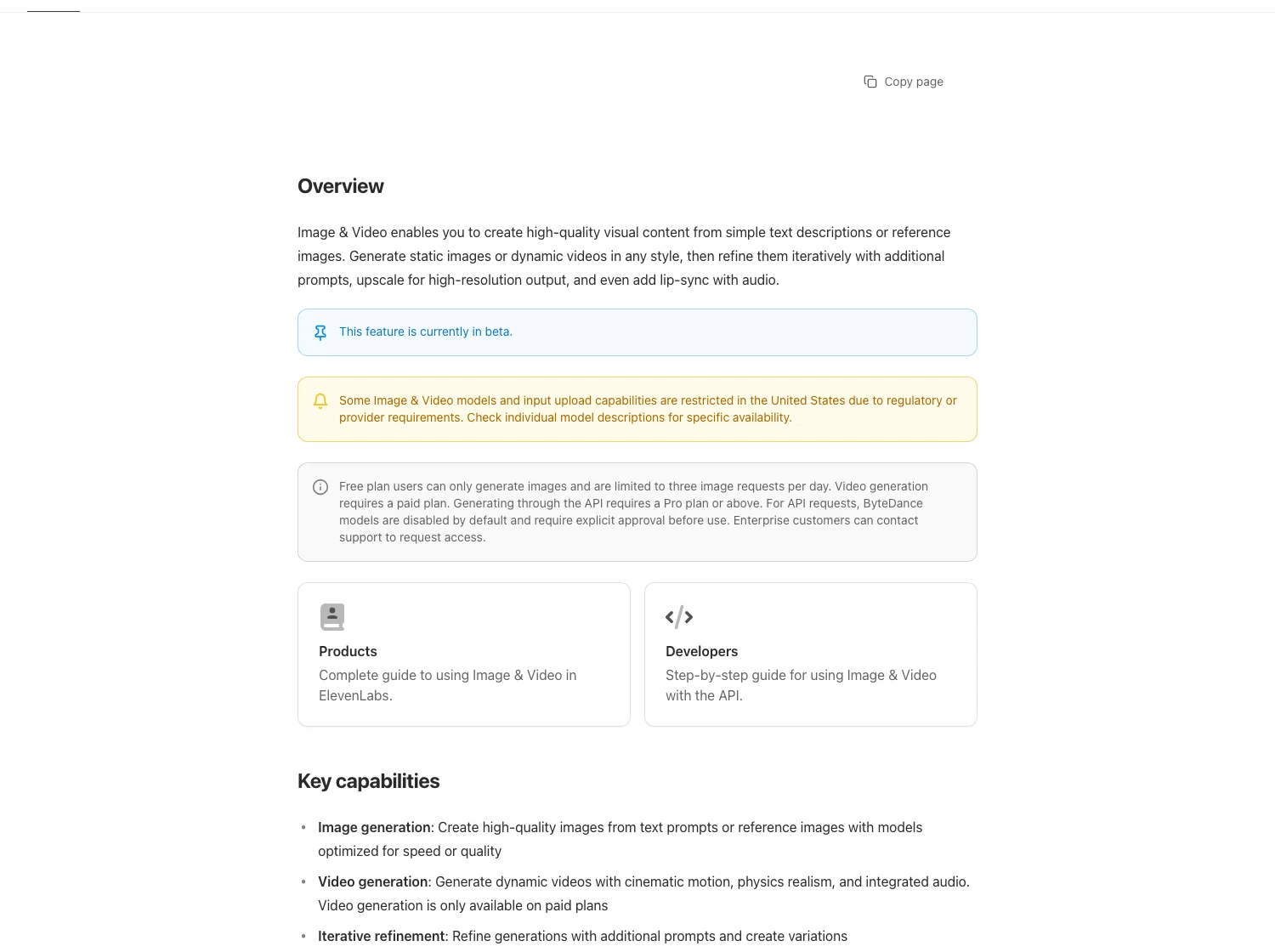 ElevenLabs Studio 4.0 上線,AI 影片、配音與剪輯收進同一時間軸 3 ElevenLabs 官方文件截圖,載明 Image and Video 目前為 beta、部分模型與上傳功能在美國受限、免費方案只能生成圖片且每日限 3 次請求、影片生成需要付費方案、API 生成需要 Pro 以上方案