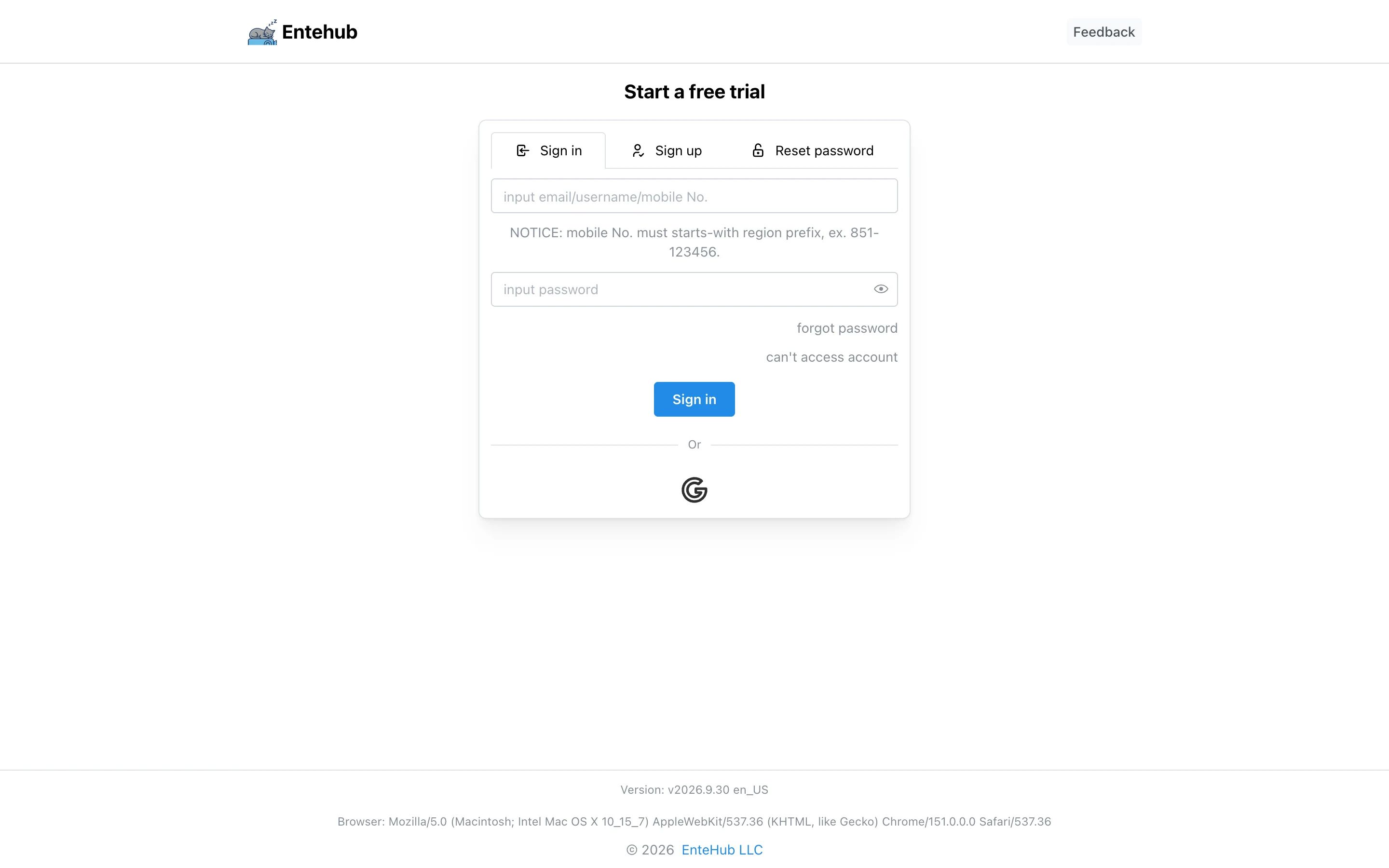 EnteHub 是什麼?接棒 Filmbudd 的評分工具,先看清登入門檻 3 EnteHub 擴充功能設定頁畫面,提供登入、註冊、重設密碼三個表單分頁與開始免費體驗按鈕,頁尾標示版本與 EnteHub LLC