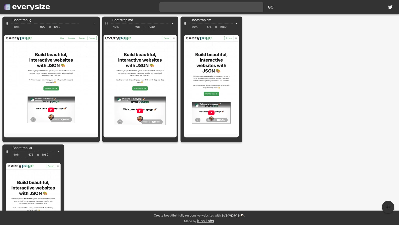 Everysize 預設儀表板：四個 Bootstrap 斷點視角框並排，載入同公司 everypage 示範頁