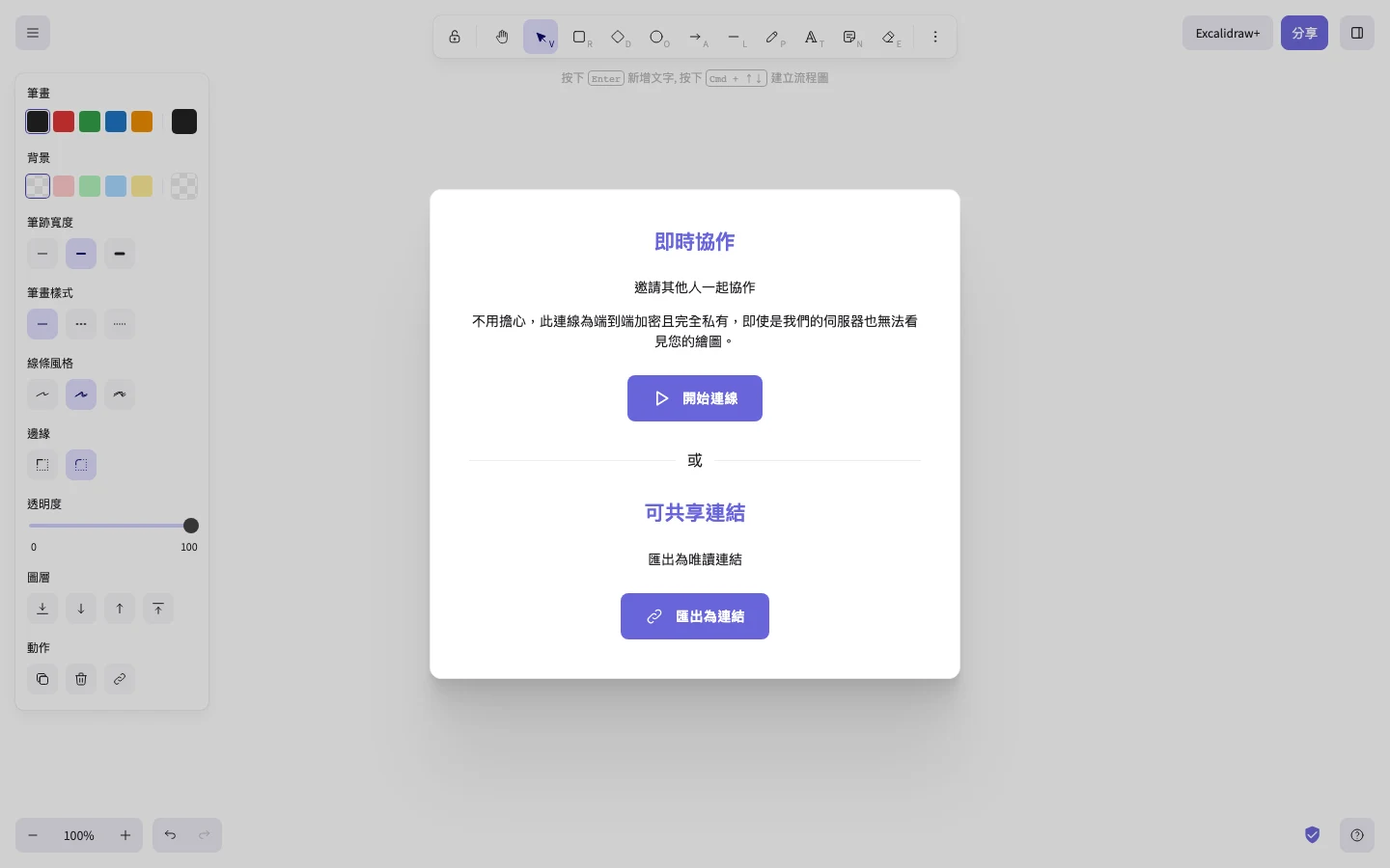 Excalidraw 免費開源白板實測,畫的圖先存在你的瀏覽器裡 3 Excalidraw 分享視窗列出即時協作與唯讀連結選項,並載明連線為端到端加密
