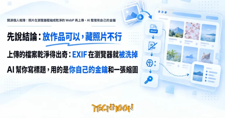 TechMoon 精選圖｜開源個人相簿：照片在瀏覽器壓縮成乾淨的 WebP 再上傳，AI 整理用自己的金鑰