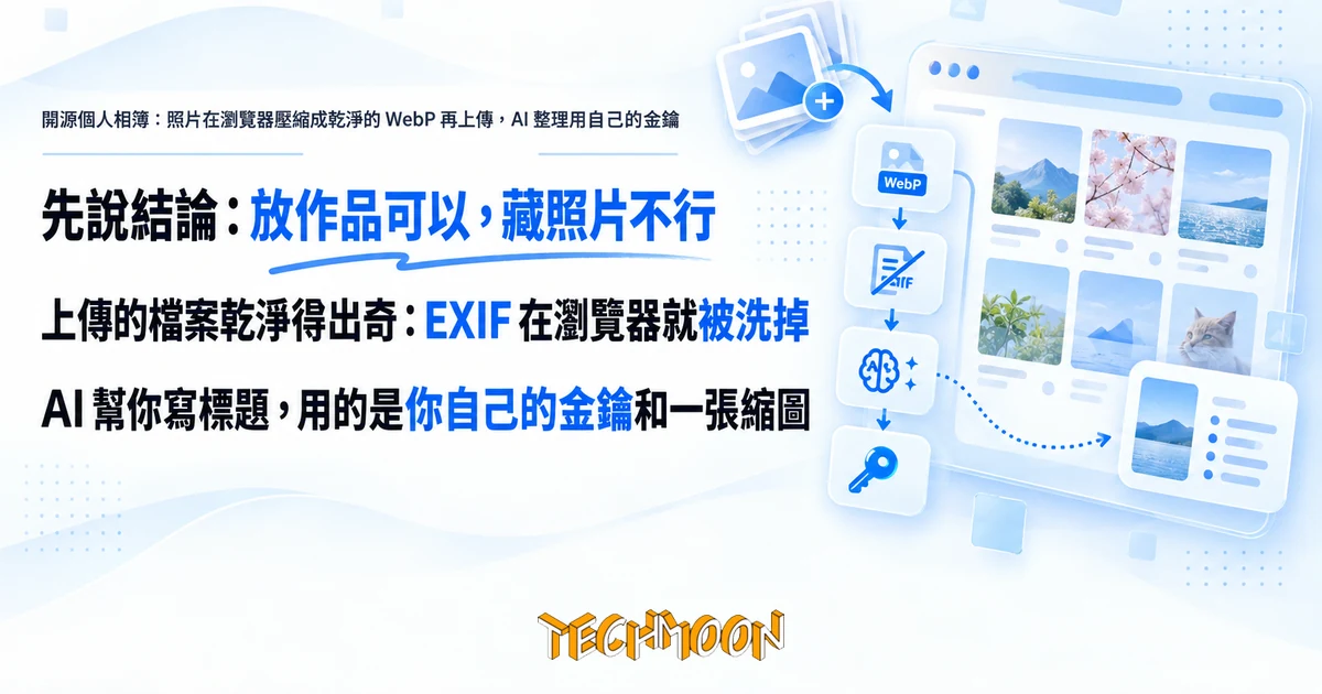 EXIF Gallery Nuxt 開源相簿自架,照片先在瀏覽器壓縮好再上傳 1 TechMoon 精選圖|開源個人相簿:照片在瀏覽器壓縮成乾淨的 WebP 再上傳,AI 整理用自己的金鑰