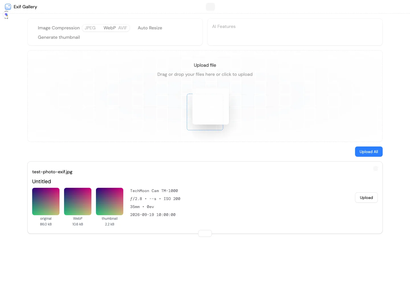 EXIF Gallery Nuxt 開源相簿自架,照片先在瀏覽器壓縮好再上傳 3 EXIF Gallery Nuxt 上傳介面的壓縮結果截圖